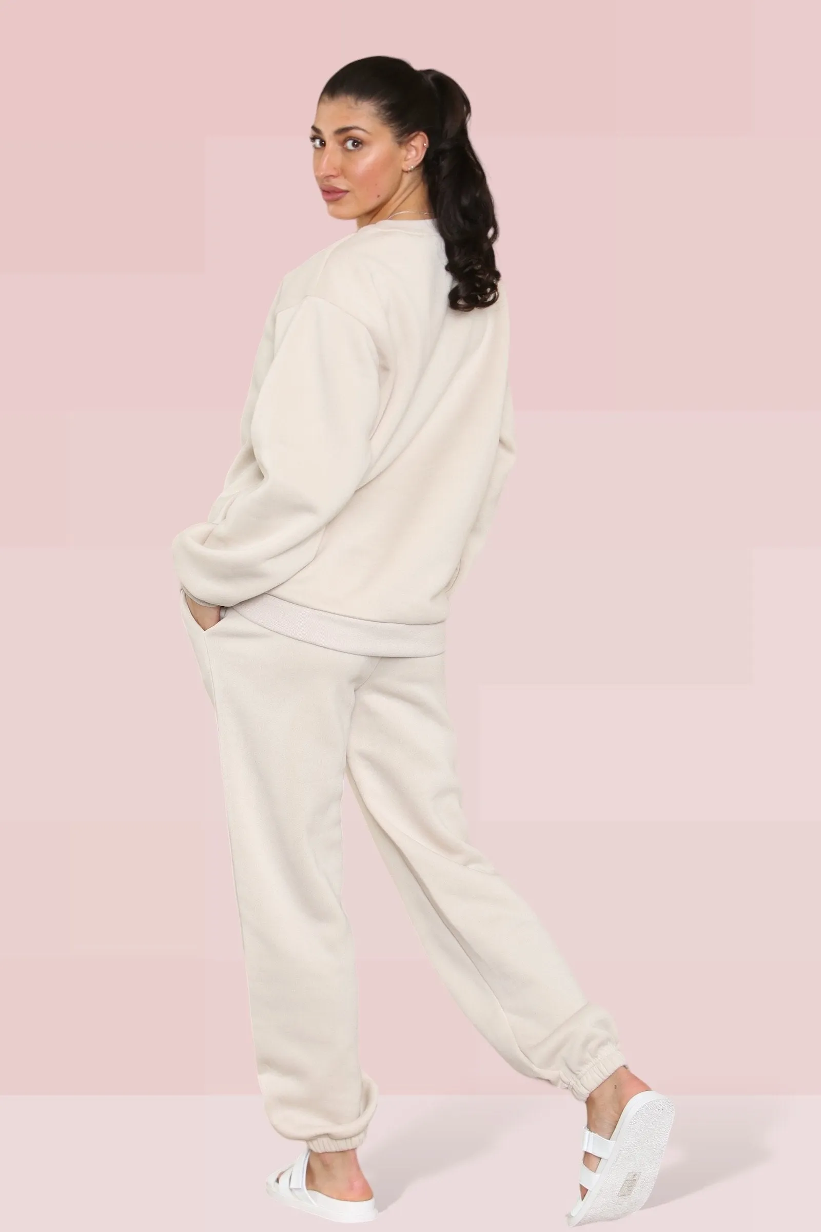 Beige Casual KTH ME Print Loose Sweatshirt & Elastic Waist Sweatpants Co-ord
