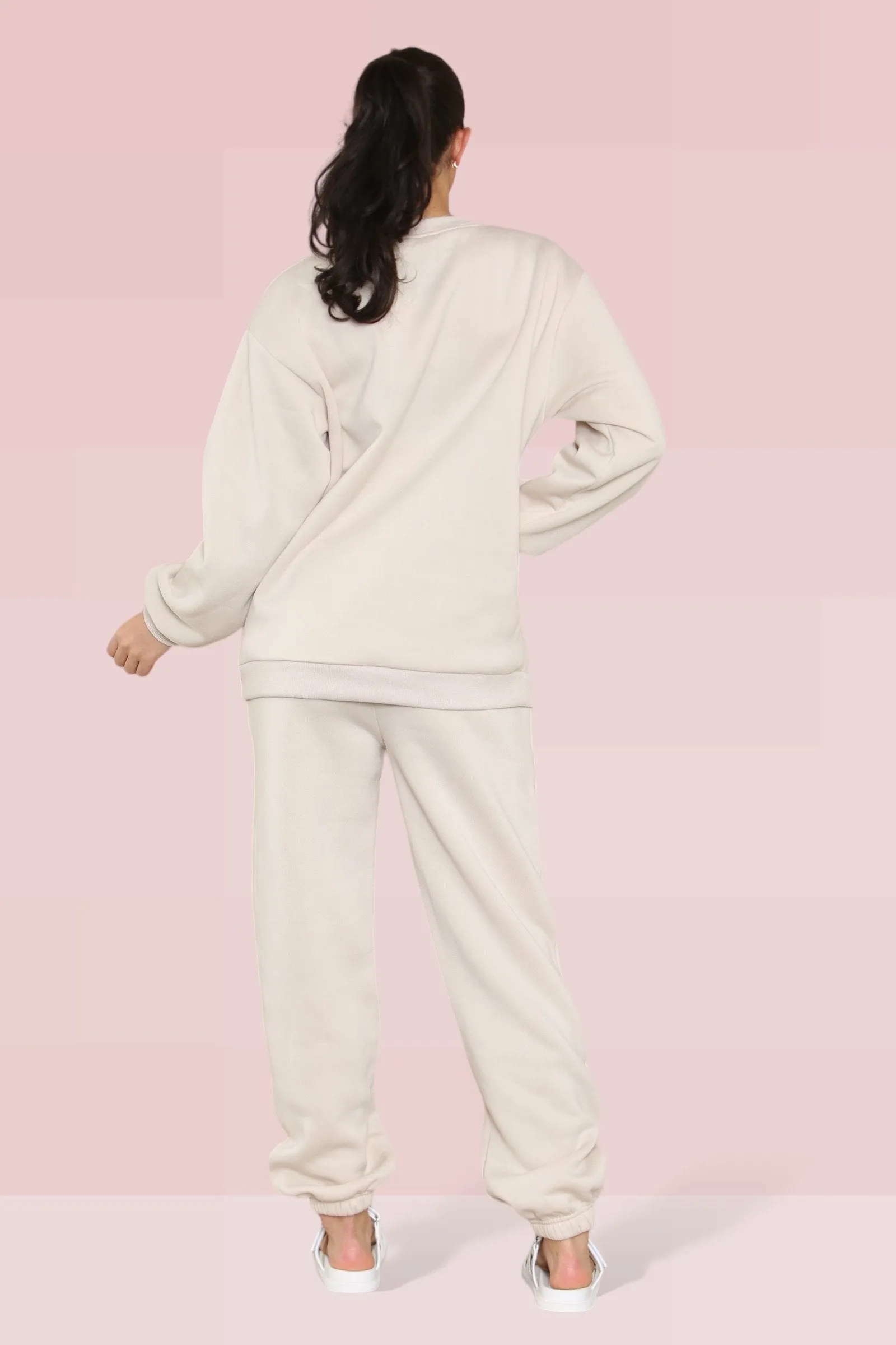 Beige Casual KTH ME Print Loose Sweatshirt & Elastic Waist Sweatpants Co-ord