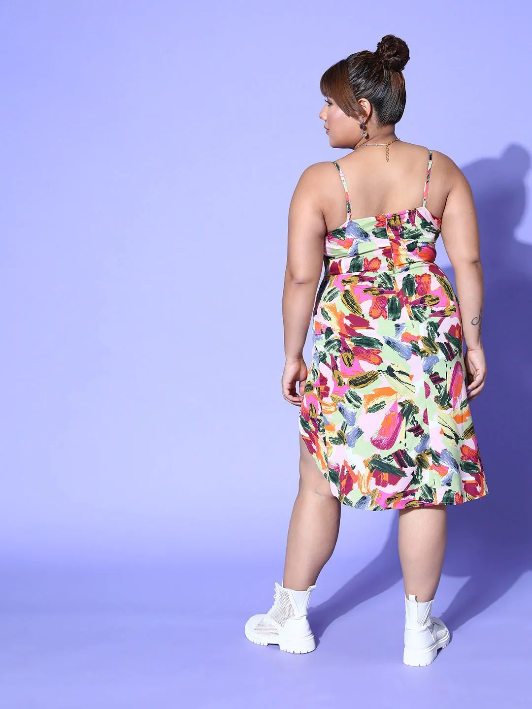 Berrylush Women Plus Size Pink Abstract Printed Square Neck Asymmetrical Hem Ruched A-Line Midi Dress