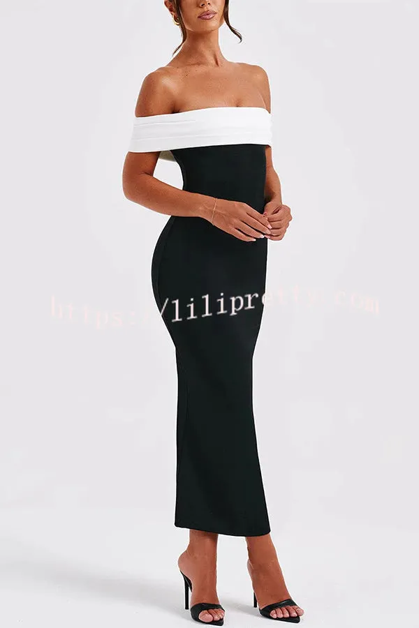 Bex Colorblock Pleated Bardot Neck Strapless Formal Stretch Midi Dress