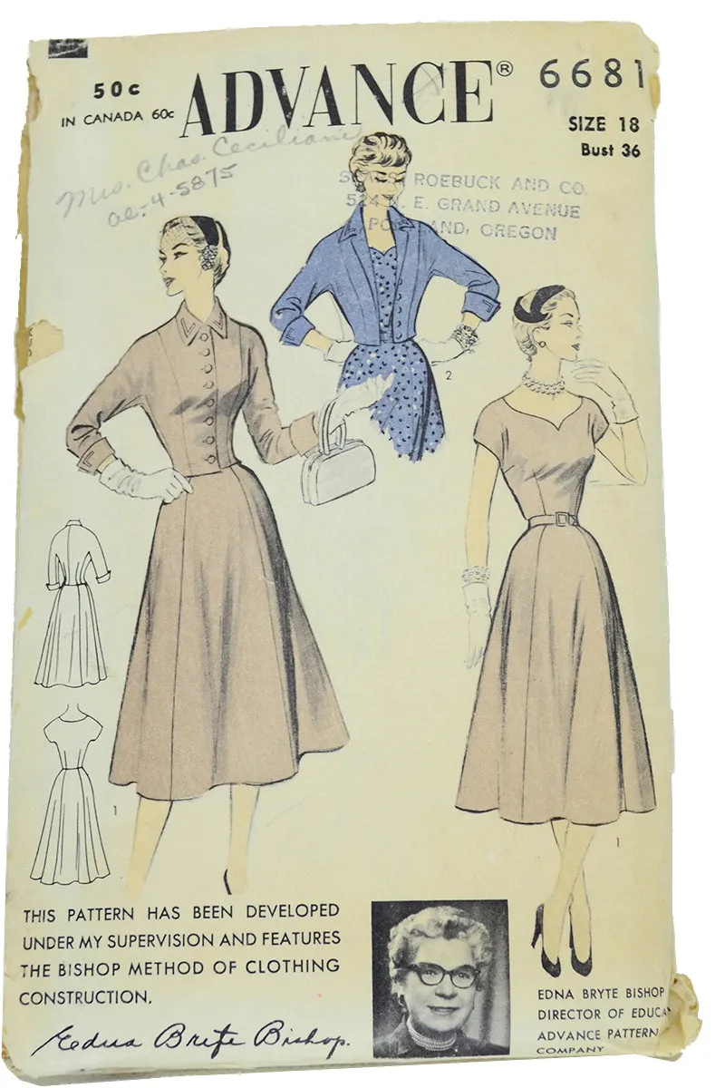 Bishop Method Vintage 1954 Advance 6681 Dress & Jacket Sewing Pattern
