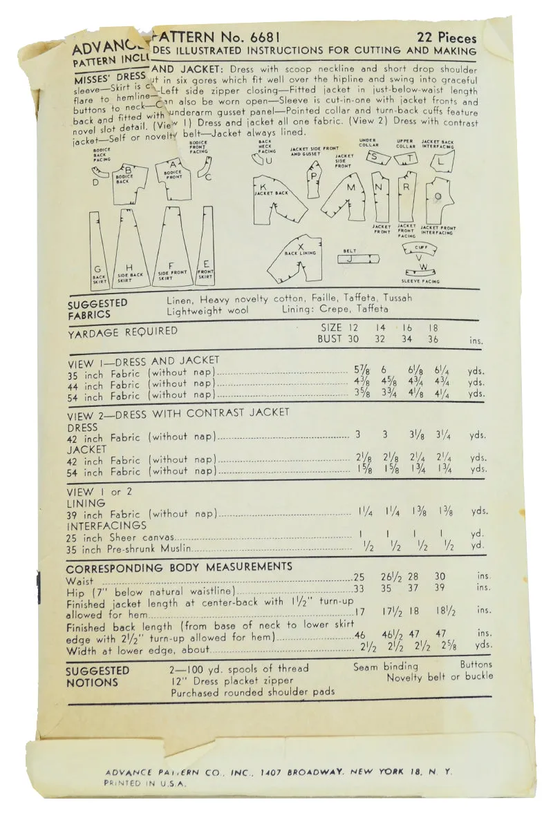 Bishop Method Vintage 1954 Advance 6681 Dress & Jacket Sewing Pattern