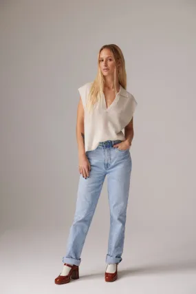 C-Rush Madonna Rib Polo Top in Organic White