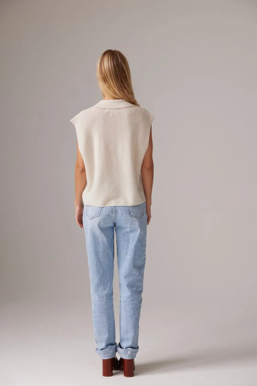 C-Rush Madonna Rib Polo Top in Organic White
