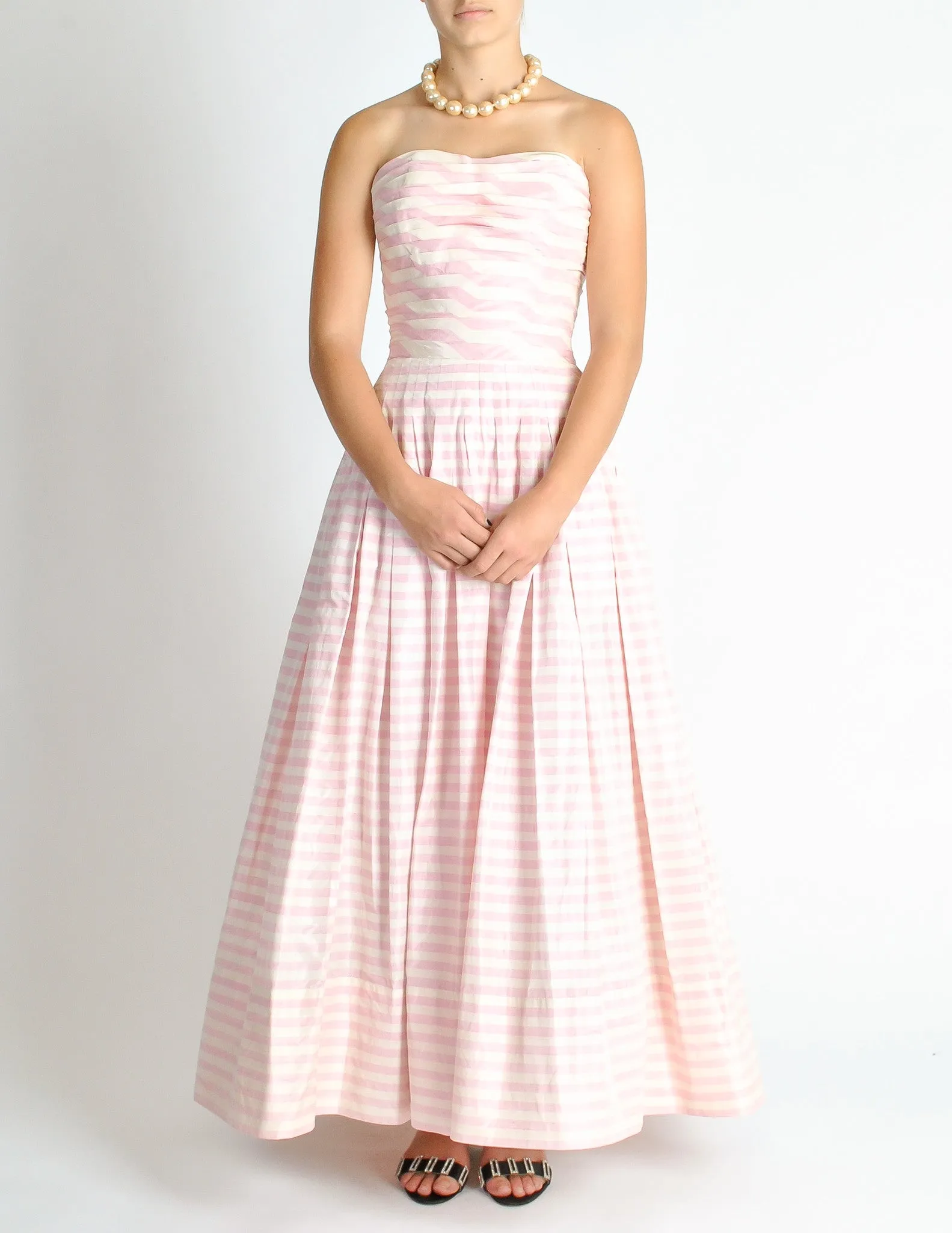 Chanel Vintage Pink & White Striped Raw Silk Shantung Pleated Bodice Gown Dress