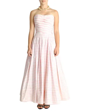 Chanel Vintage Pink & White Striped Raw Silk Shantung Pleated Bodice Gown Dress