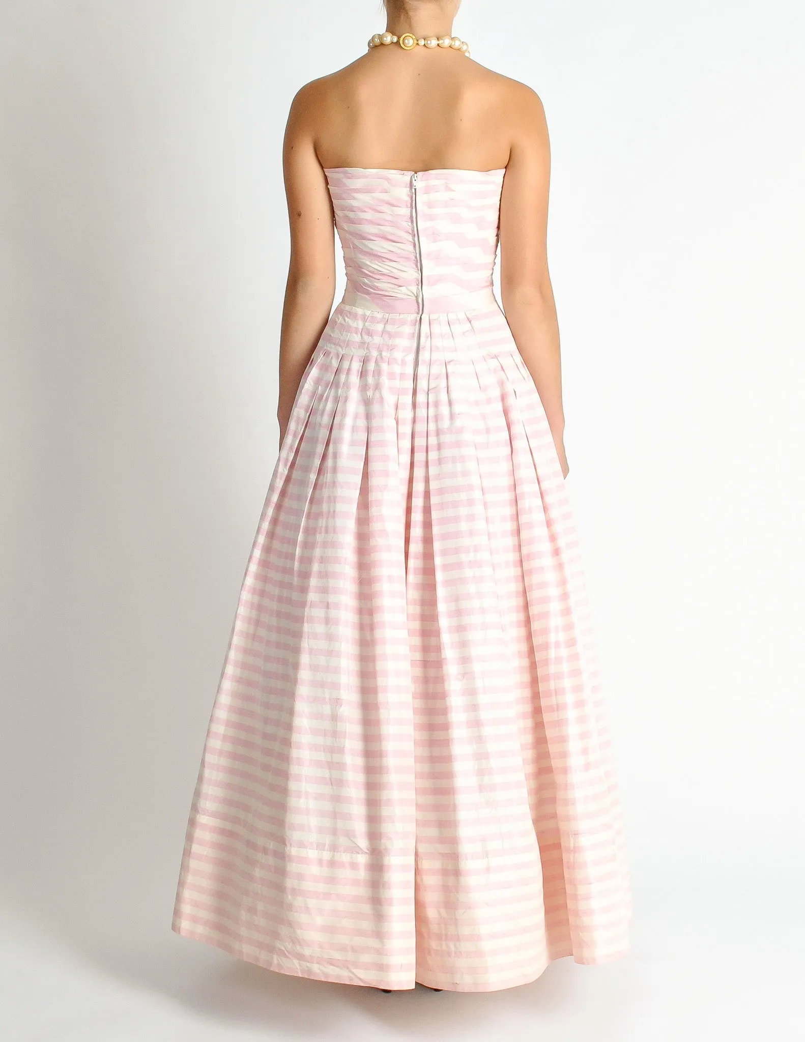 Chanel Vintage Pink & White Striped Raw Silk Shantung Pleated Bodice Gown Dress
