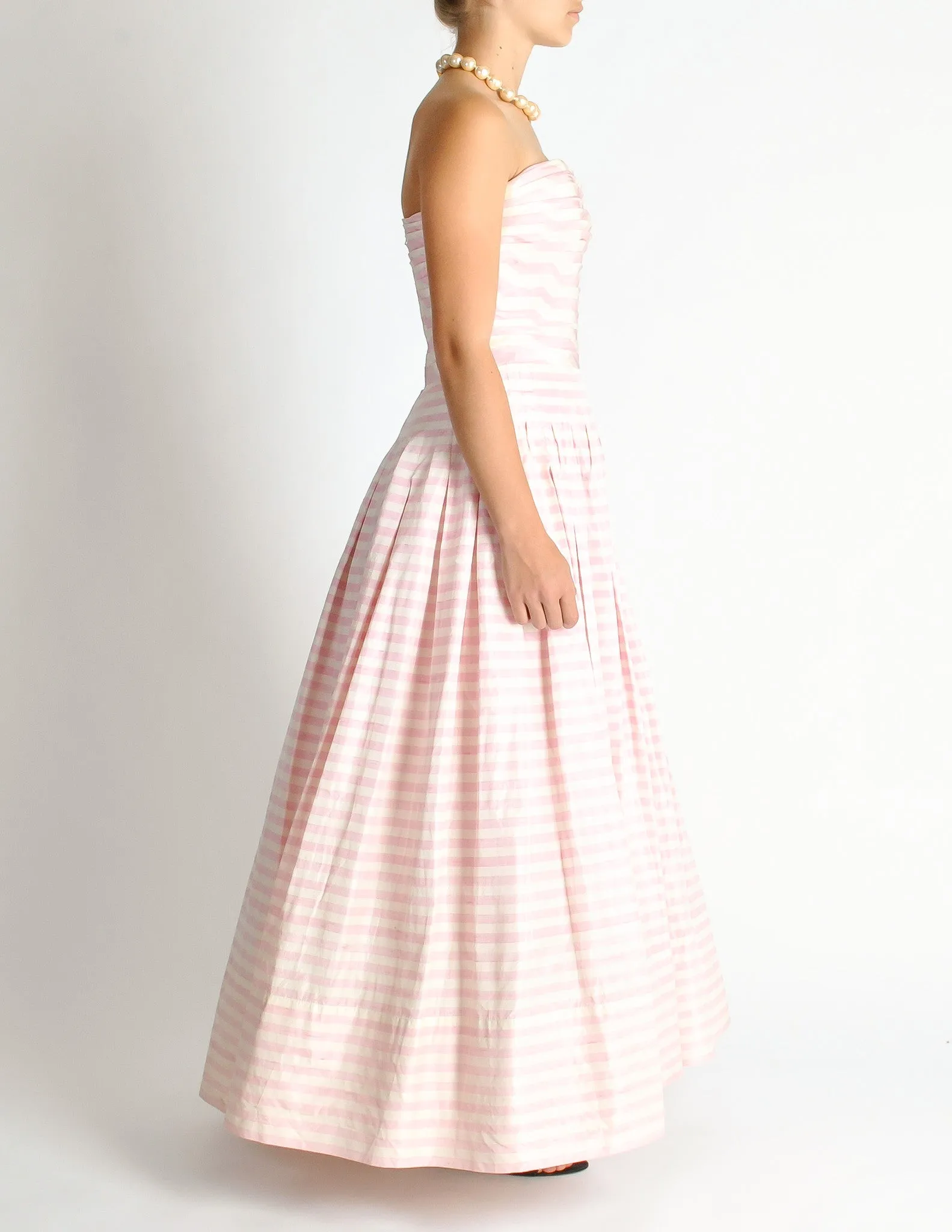 Chanel Vintage Pink & White Striped Raw Silk Shantung Pleated Bodice Gown Dress