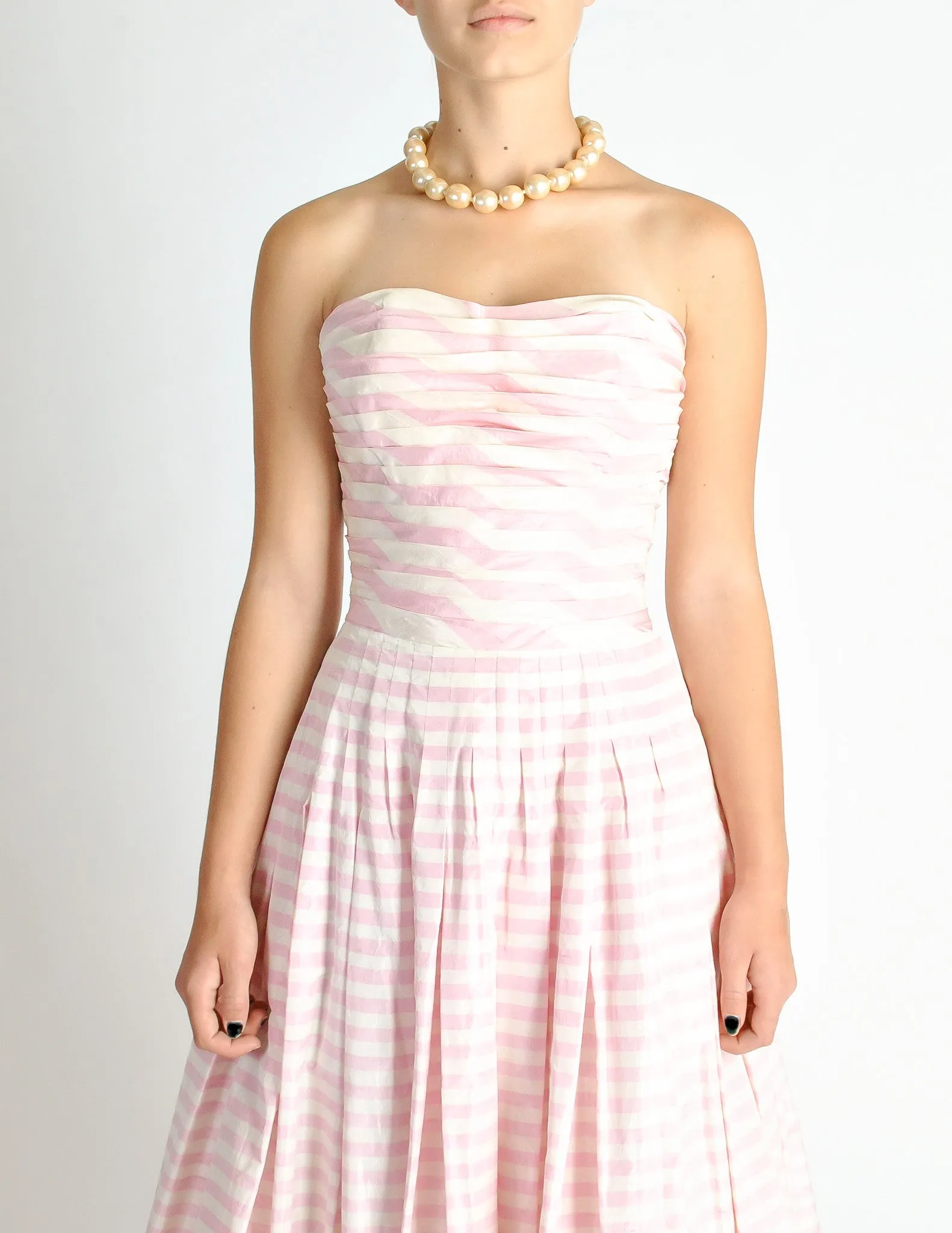 Chanel Vintage Pink & White Striped Raw Silk Shantung Pleated Bodice Gown Dress