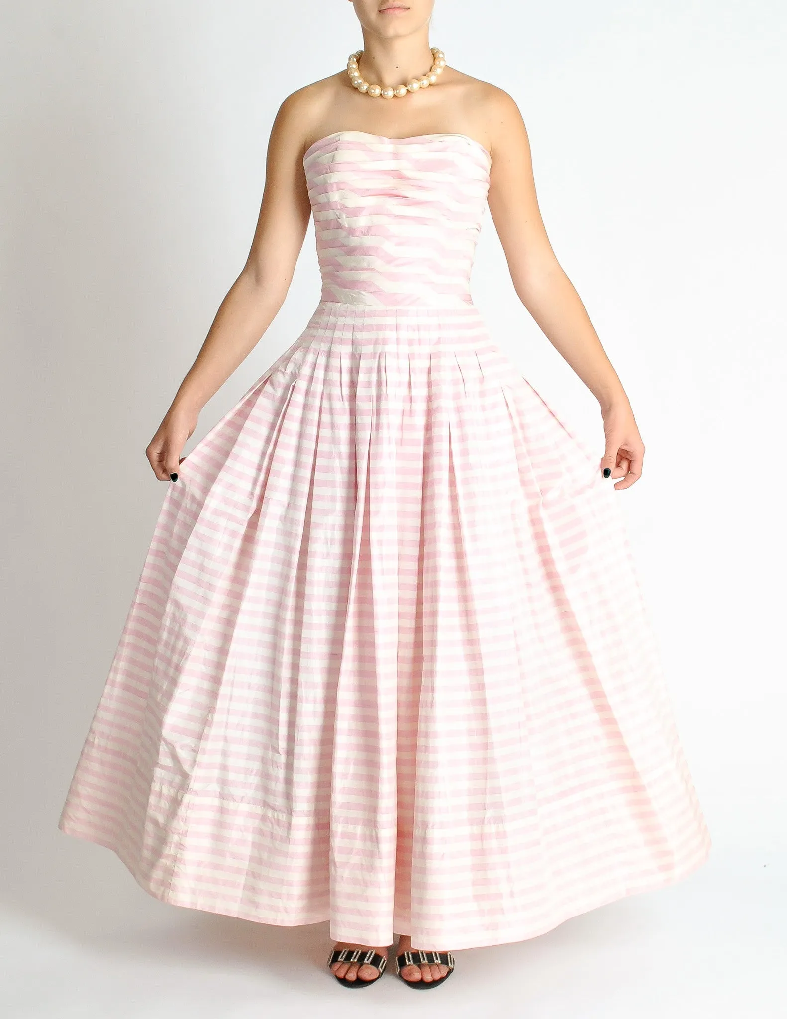 Chanel Vintage Pink & White Striped Raw Silk Shantung Pleated Bodice Gown Dress