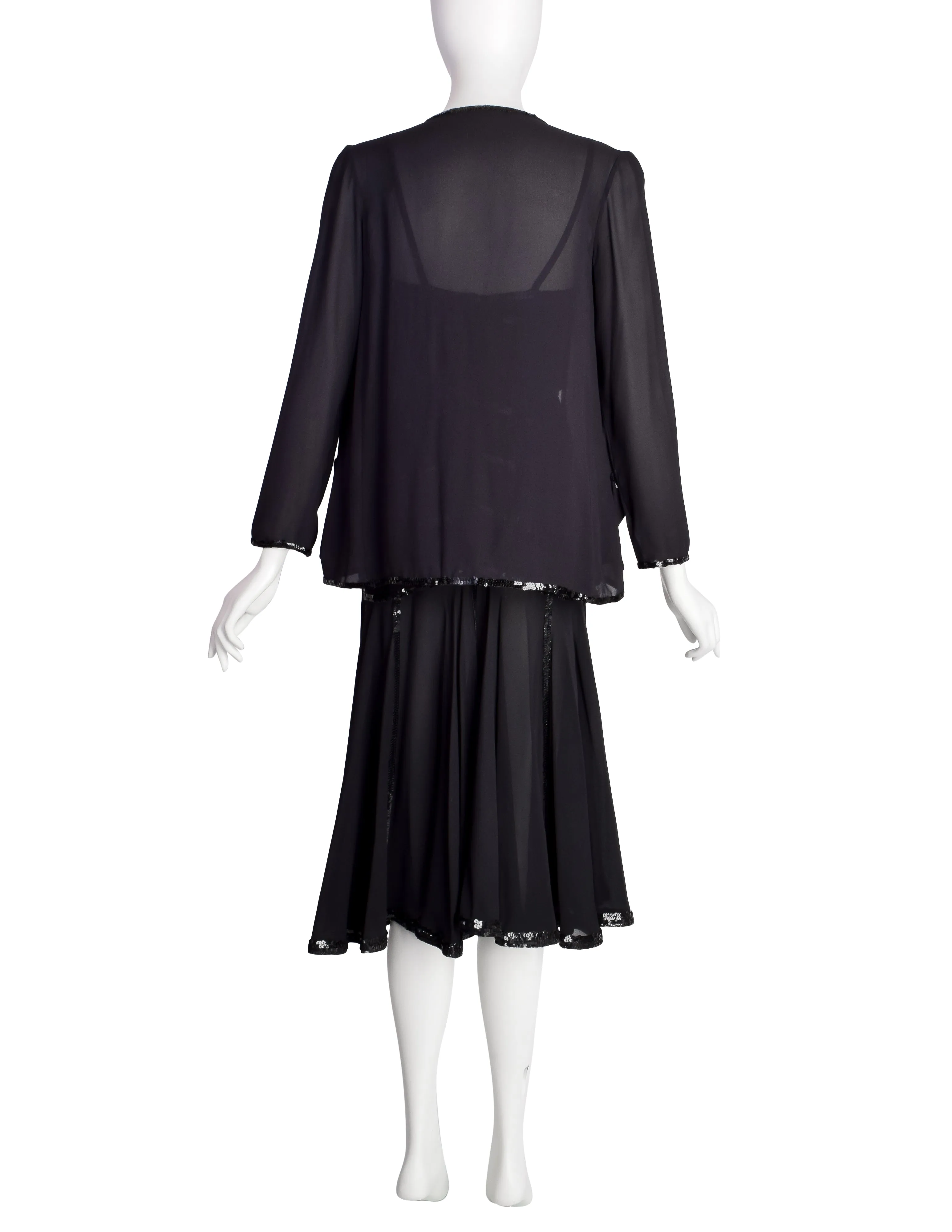 Chanel Vintage Rare Black Pleated Silk Sequin Dress and Jacket Ensemble Set