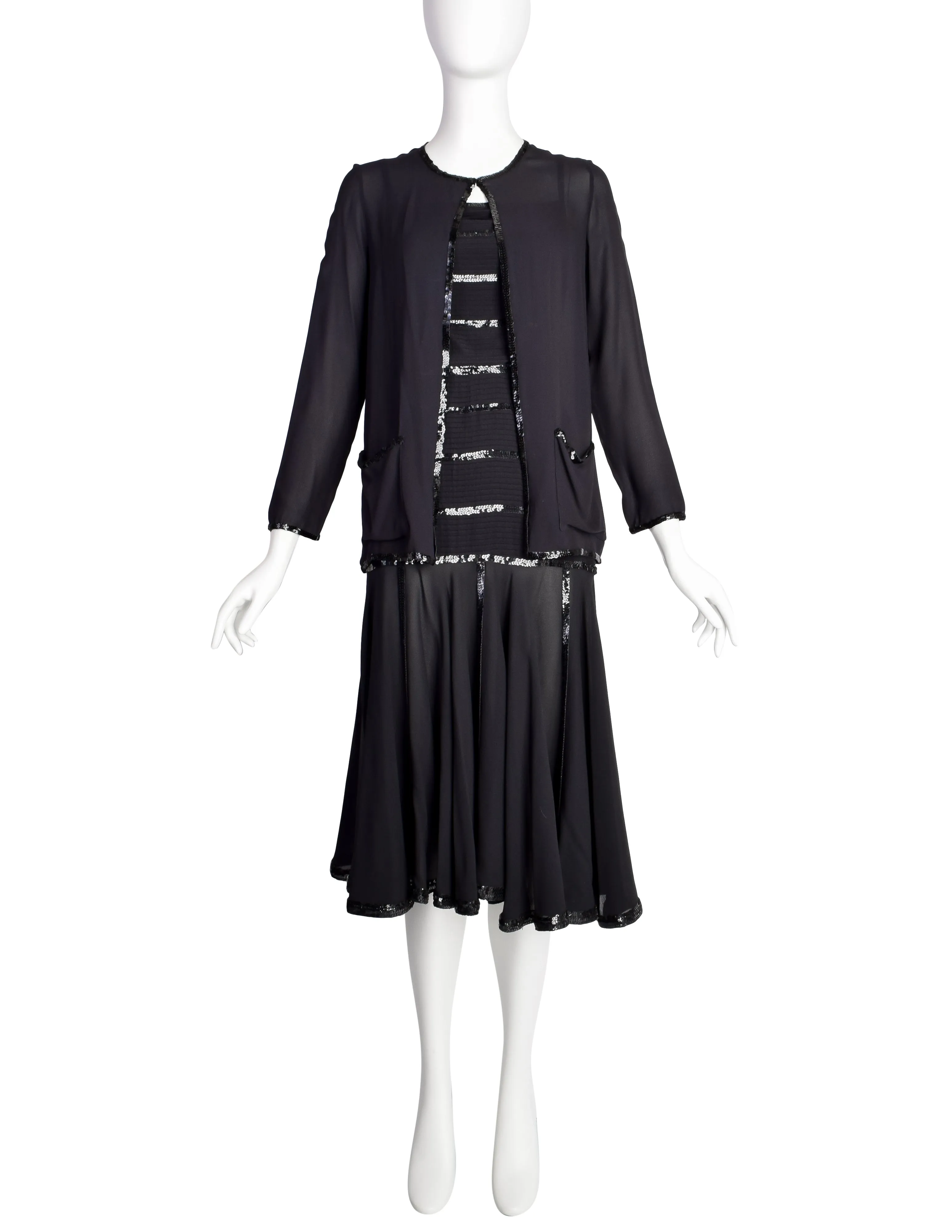 Chanel Vintage Rare Black Pleated Silk Sequin Dress and Jacket Ensemble Set