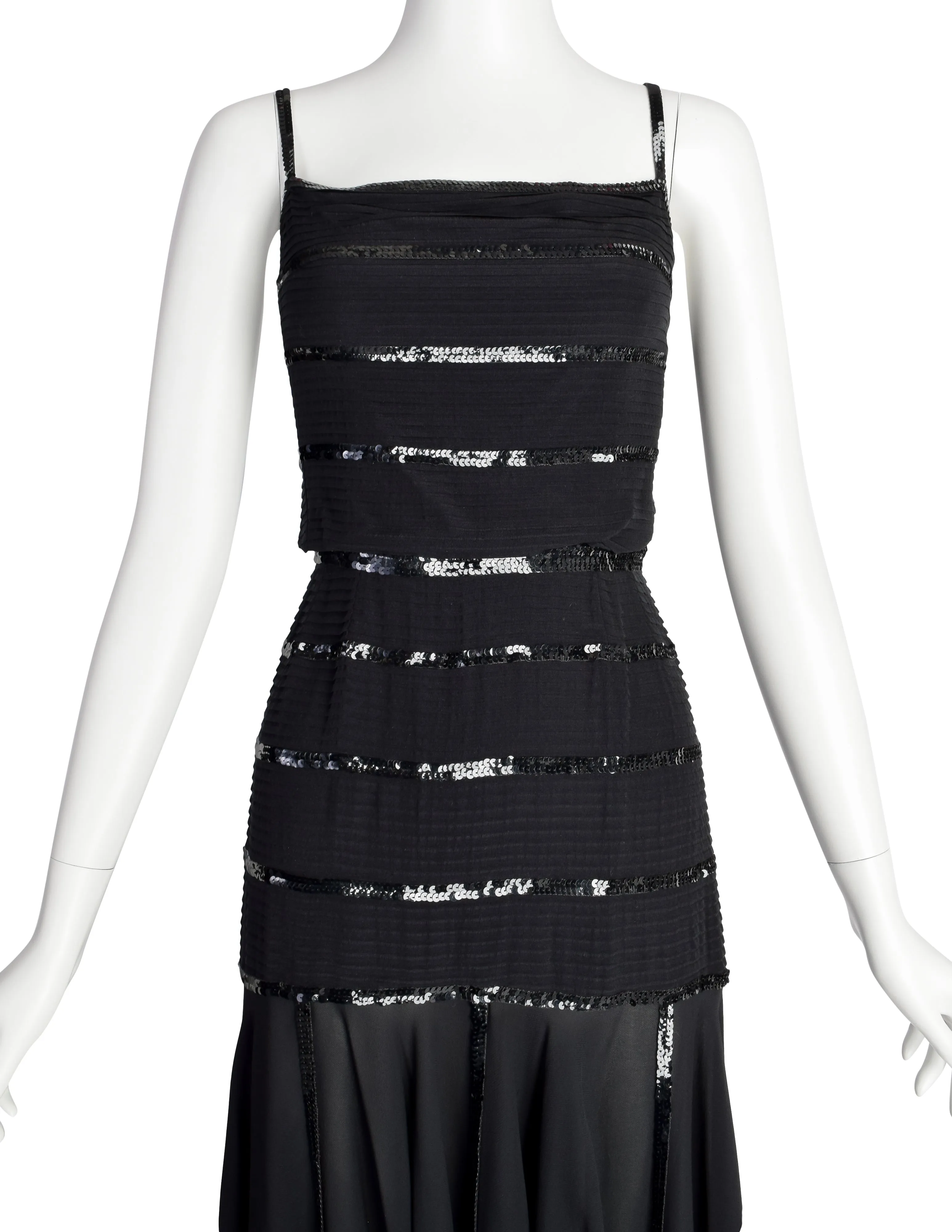 Chanel Vintage Rare Black Pleated Silk Sequin Dress and Jacket Ensemble Set