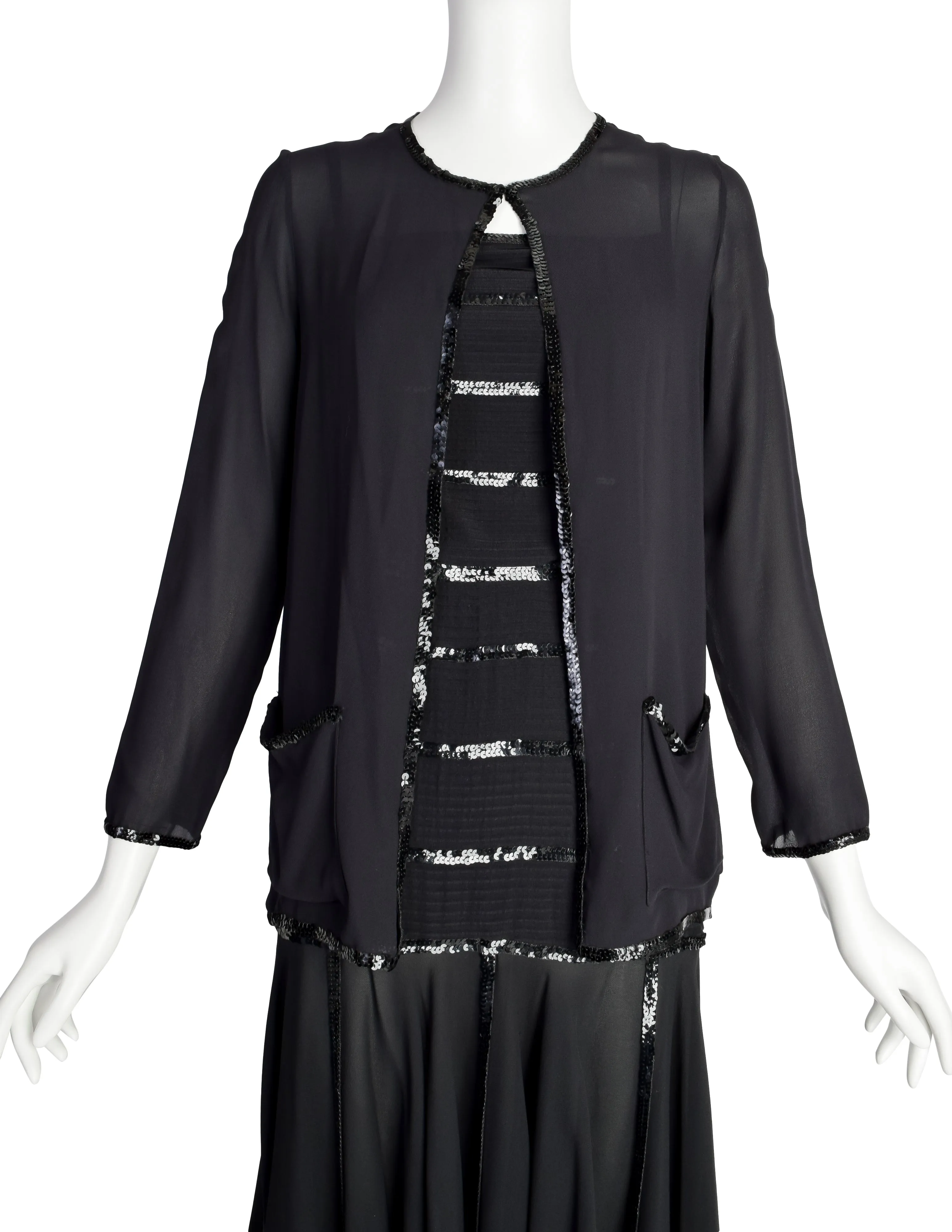 Chanel Vintage Rare Black Pleated Silk Sequin Dress and Jacket Ensemble Set