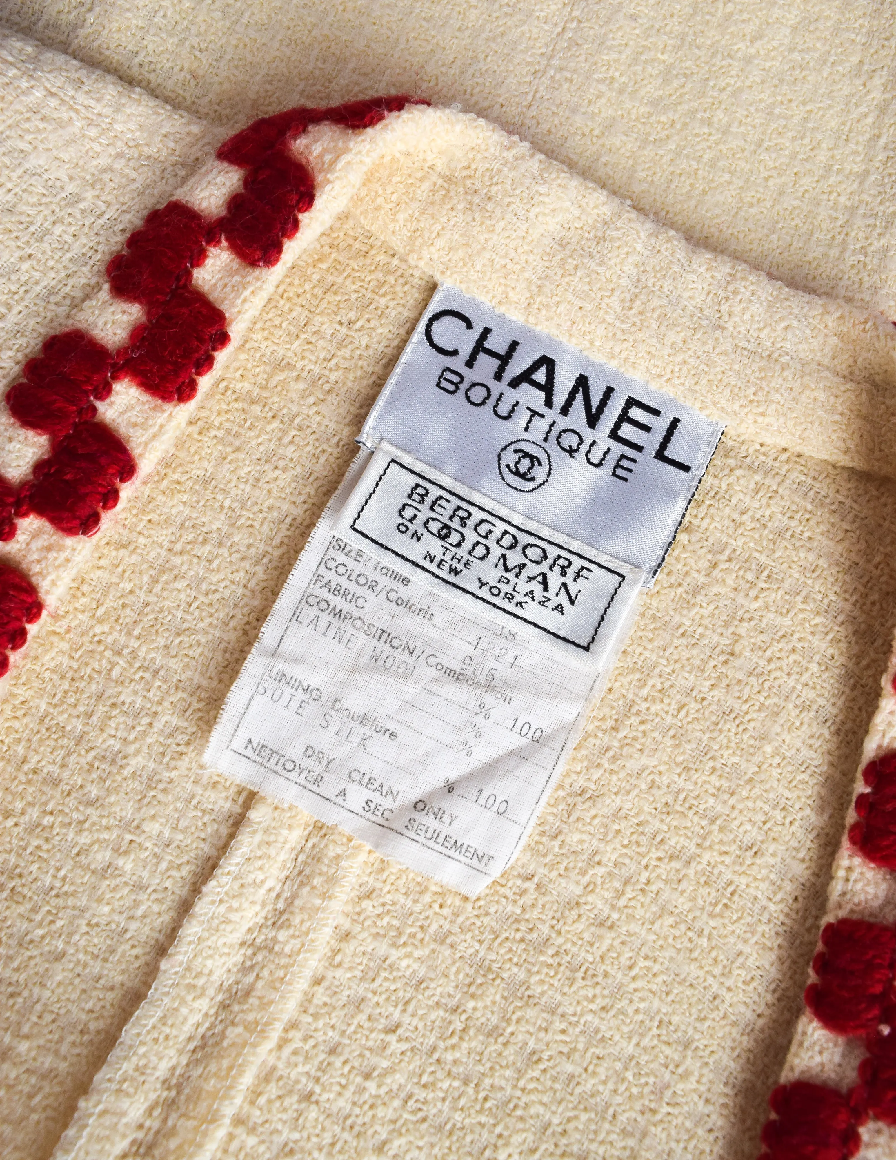 Chanel Vintage SS 1987 Cream Wool Tweed Red Embroidered Jacket and Skirt Suit