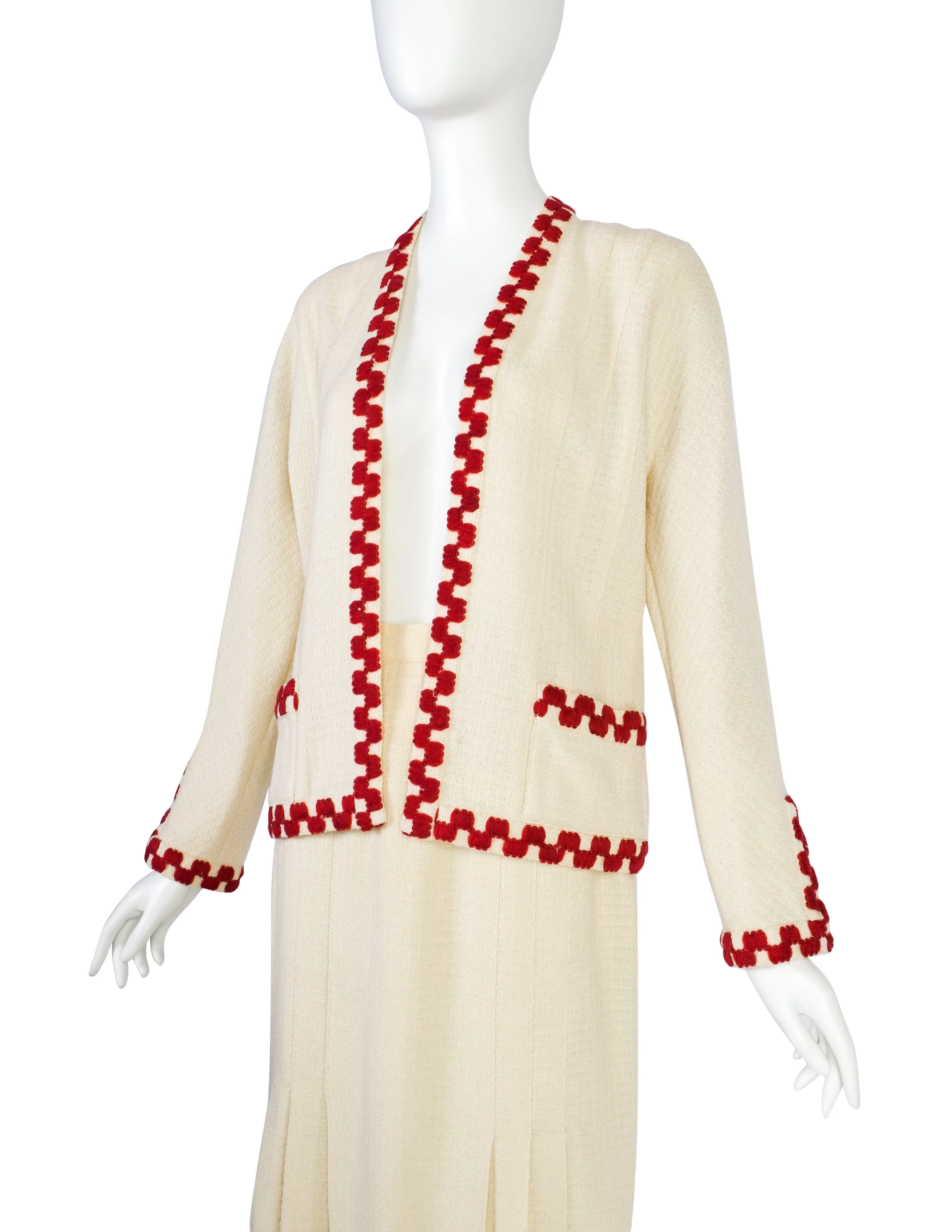 Chanel Vintage SS 1987 Cream Wool Tweed Red Embroidered Jacket and Skirt Suit