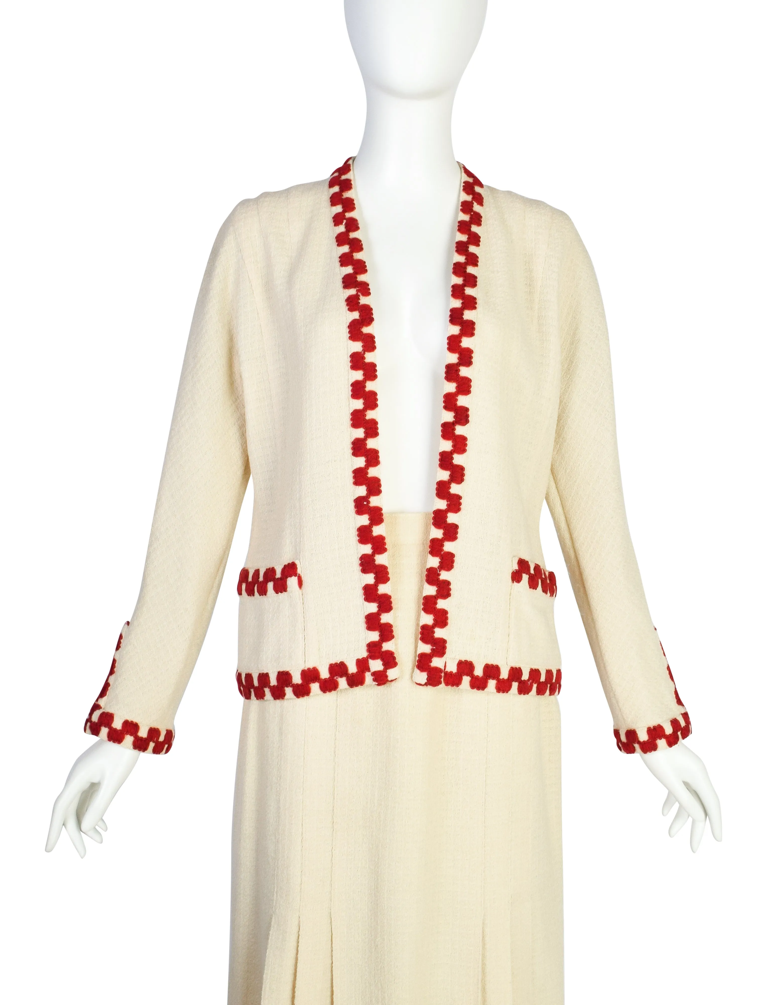 Chanel Vintage SS 1987 Cream Wool Tweed Red Embroidered Jacket and Skirt Suit