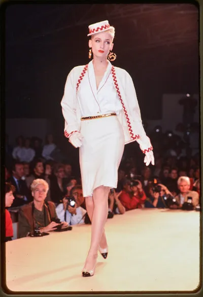 Chanel Vintage SS 1987 Cream Wool Tweed Red Embroidered Jacket and Skirt Suit