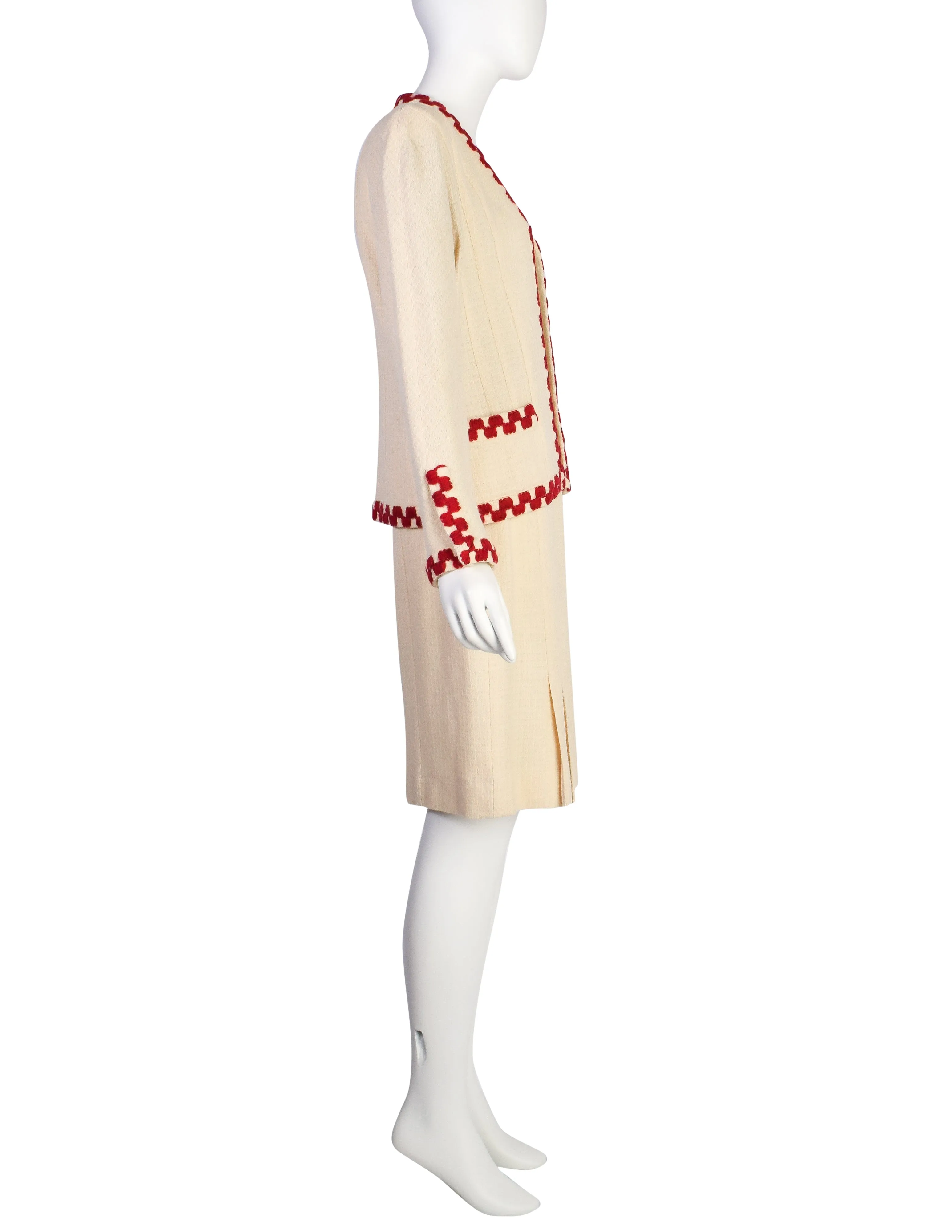Chanel Vintage SS 1987 Cream Wool Tweed Red Embroidered Jacket and Skirt Suit