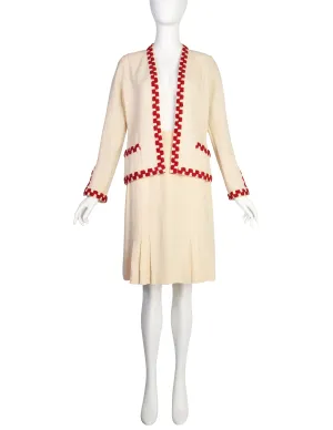 Chanel Vintage SS 1987 Cream Wool Tweed Red Embroidered Jacket and Skirt Suit