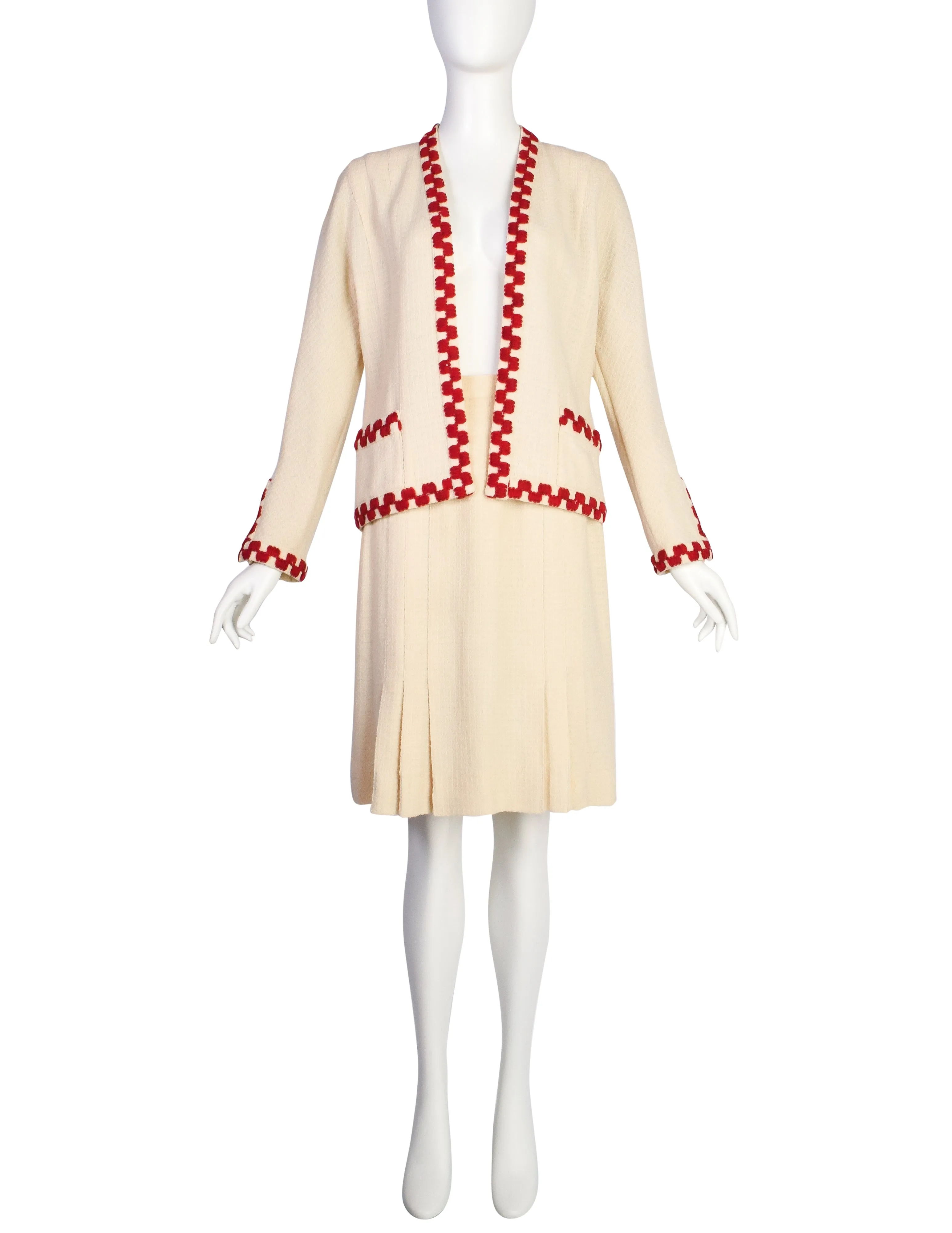 Chanel Vintage SS 1987 Cream Wool Tweed Red Embroidered Jacket and Skirt Suit