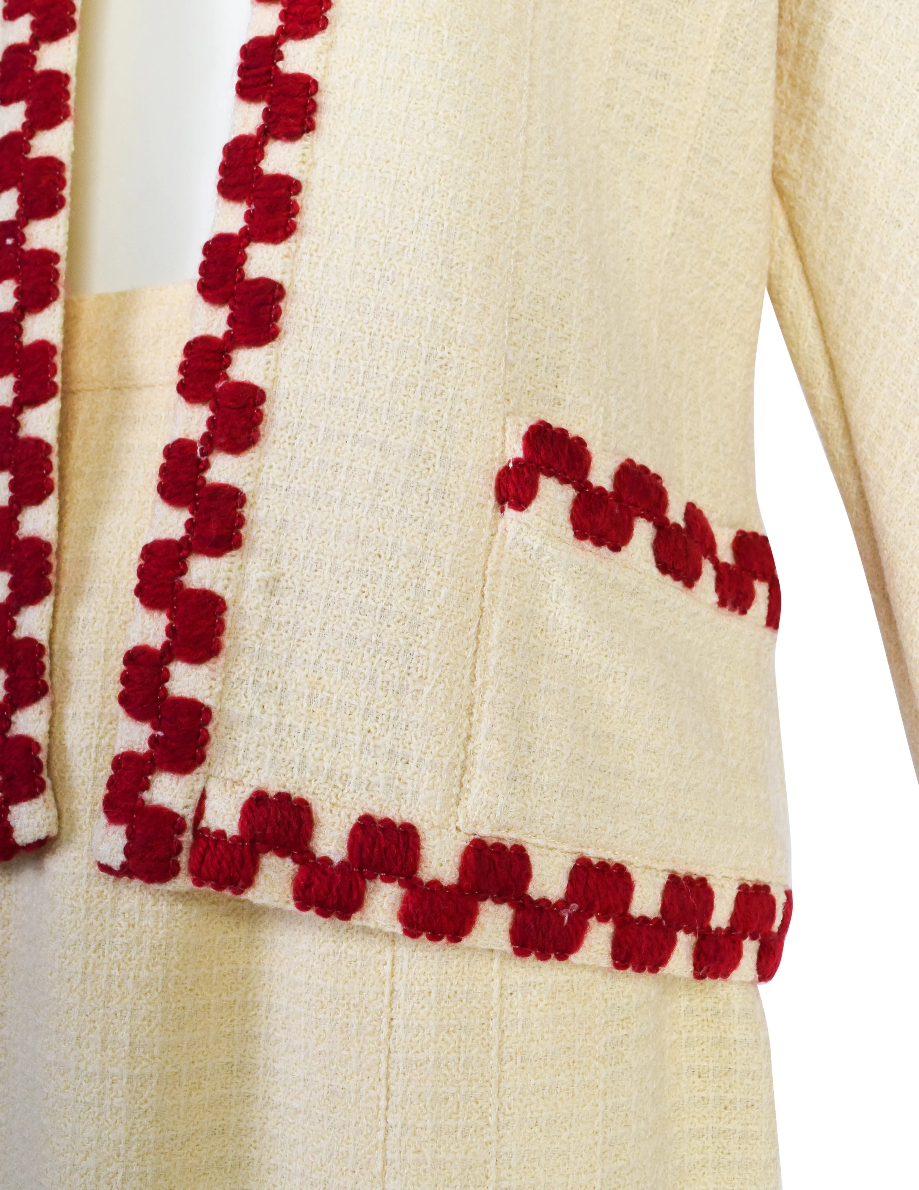 Chanel Vintage SS 1987 Cream Wool Tweed Red Embroidered Jacket and Skirt Suit