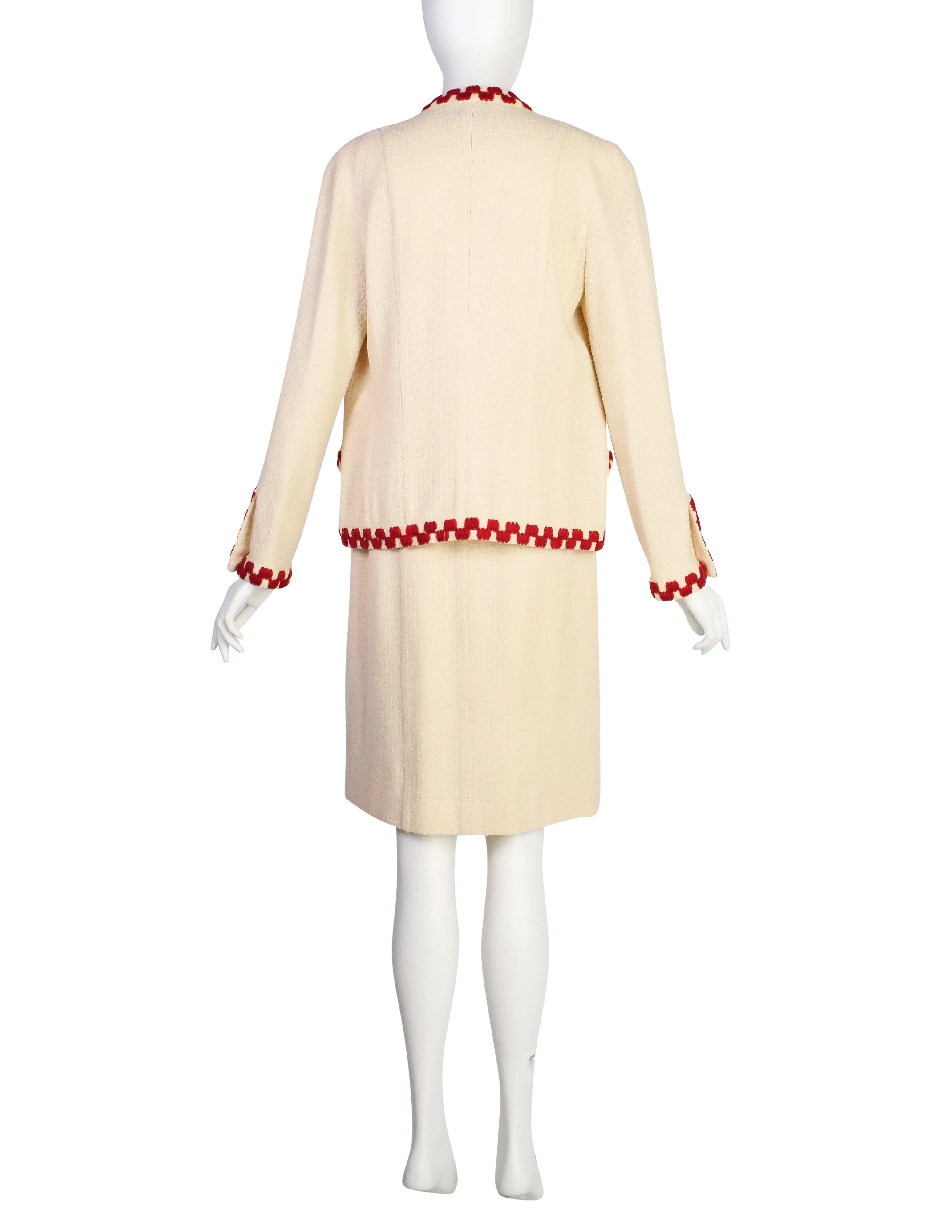 Chanel Vintage SS 1987 Cream Wool Tweed Red Embroidered Jacket and Skirt Suit
