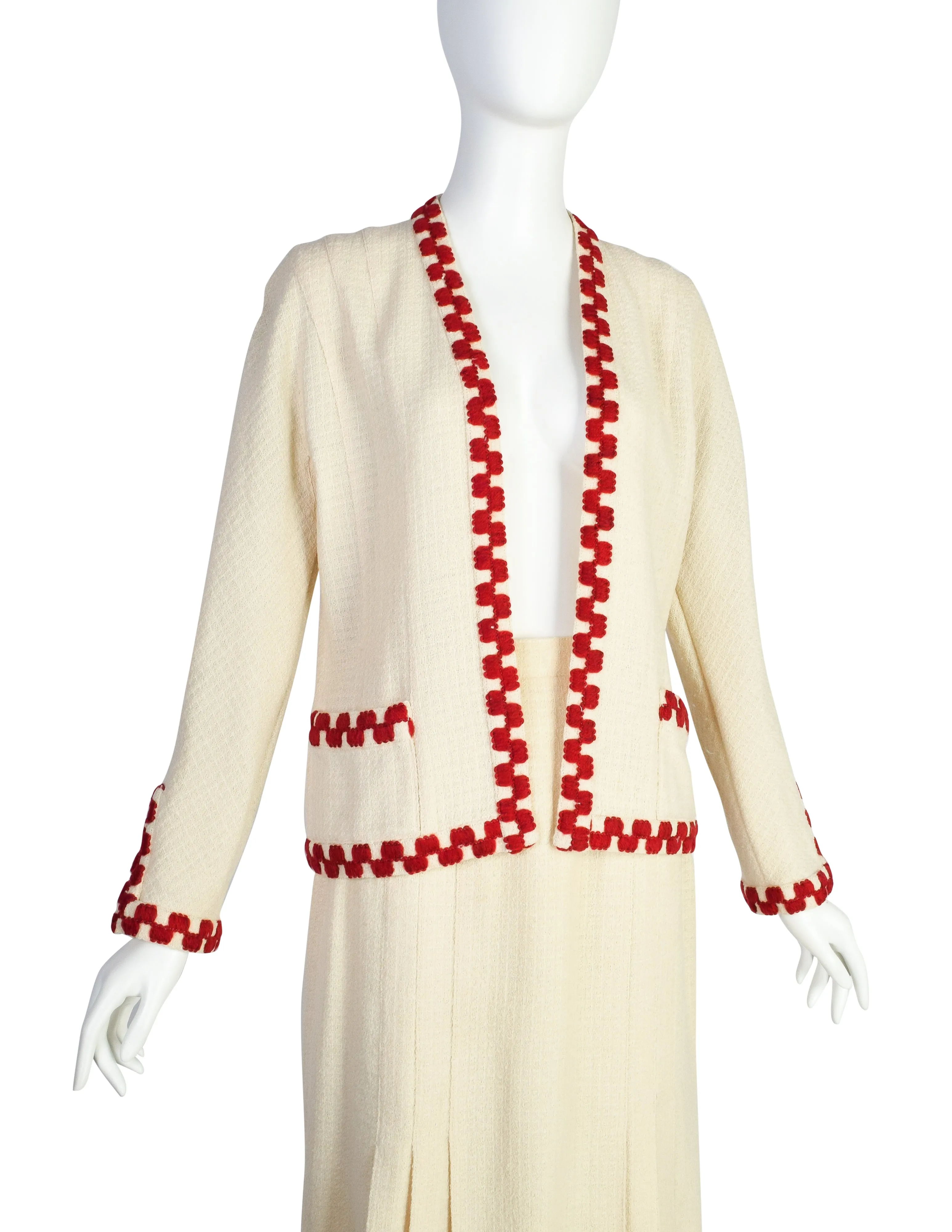 Chanel Vintage SS 1987 Cream Wool Tweed Red Embroidered Jacket and Skirt Suit
