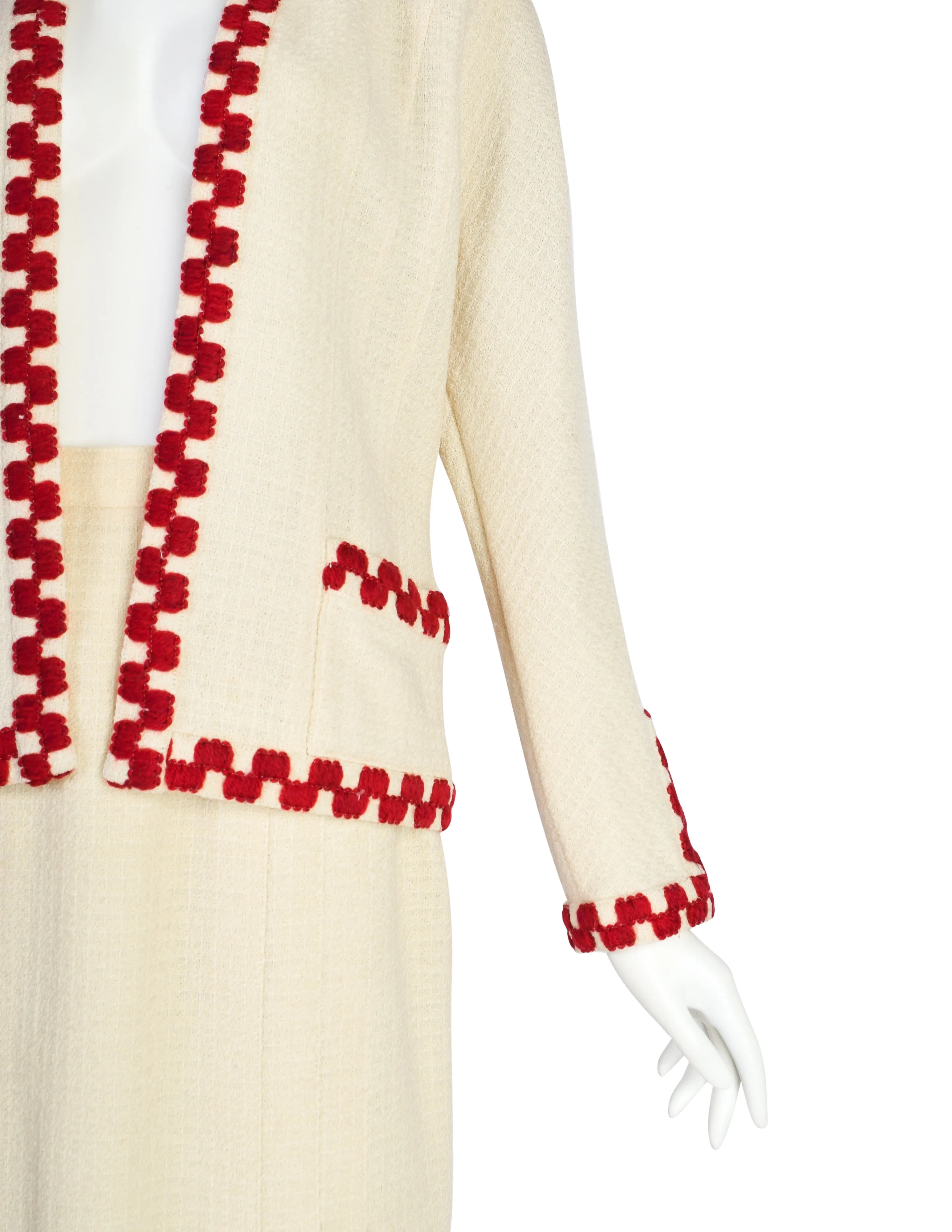 Chanel Vintage SS 1987 Cream Wool Tweed Red Embroidered Jacket and Skirt Suit