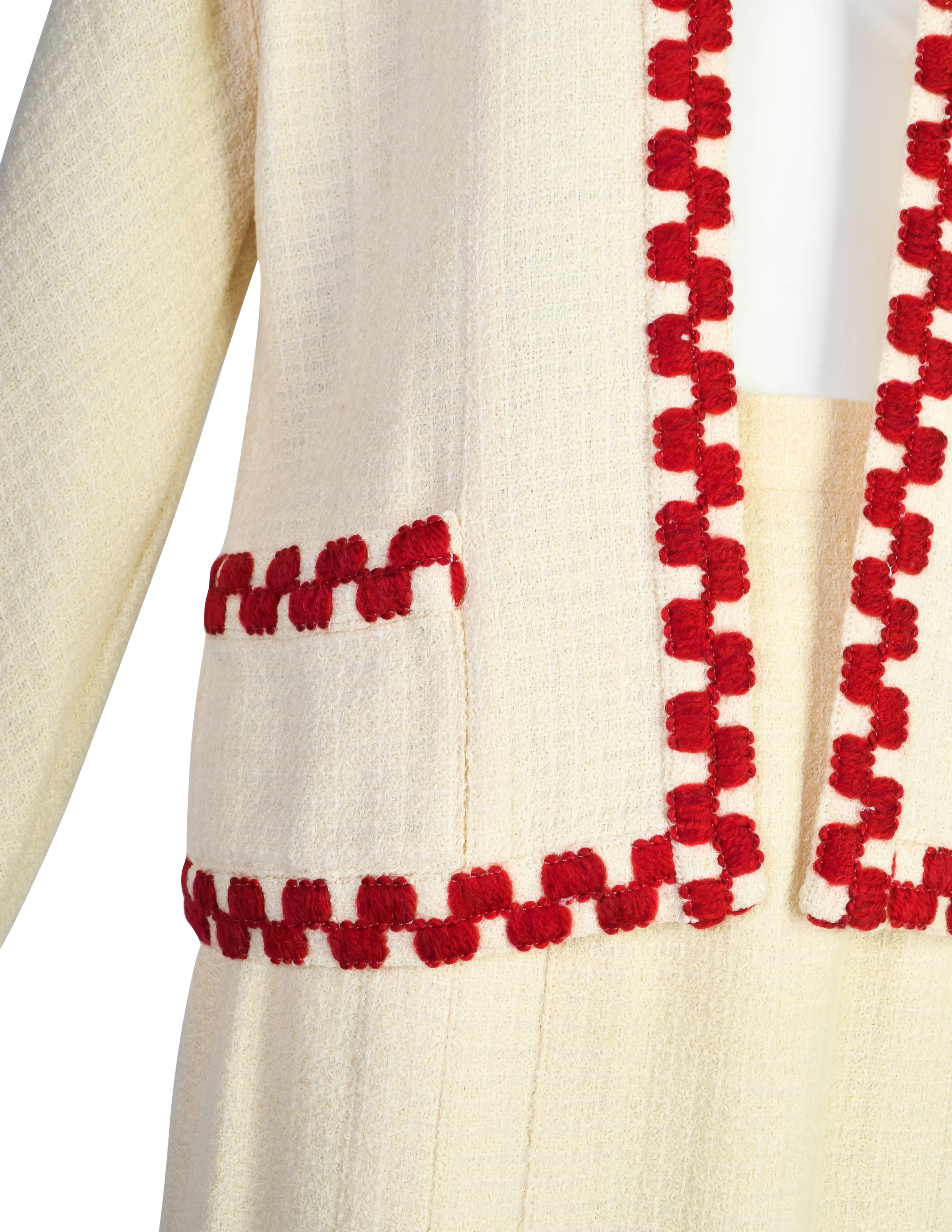 Chanel Vintage SS 1987 Cream Wool Tweed Red Embroidered Jacket and Skirt Suit