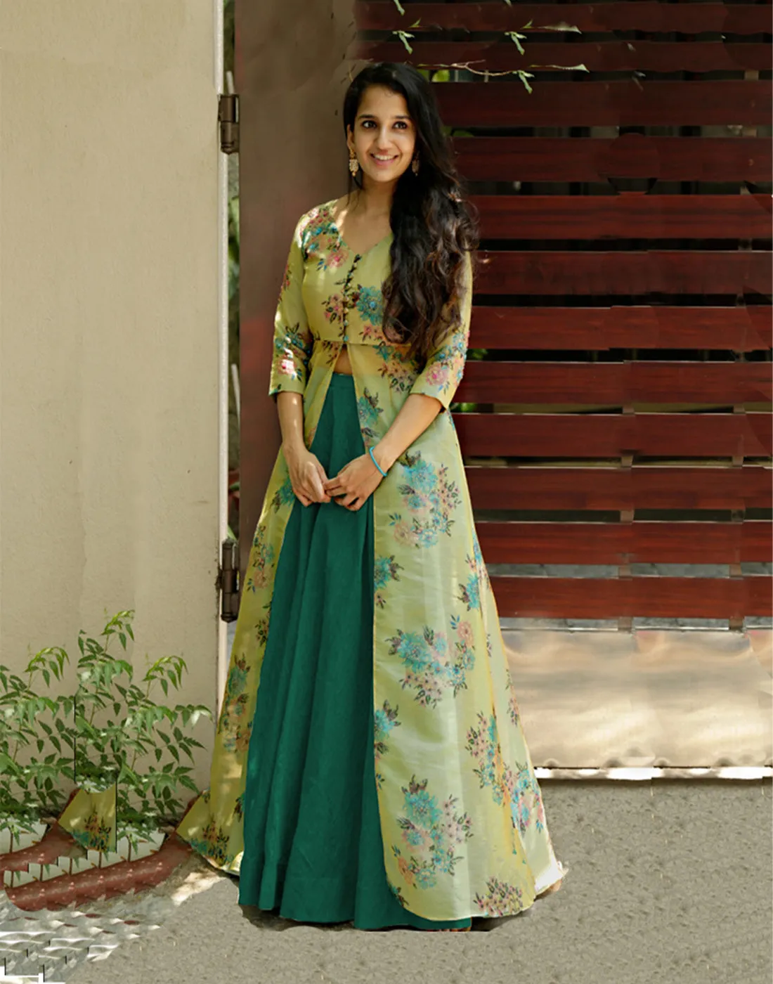 Cute Designer Wear Indo-Western Style Skirt and Floral Printed Tissue Silk Outfit