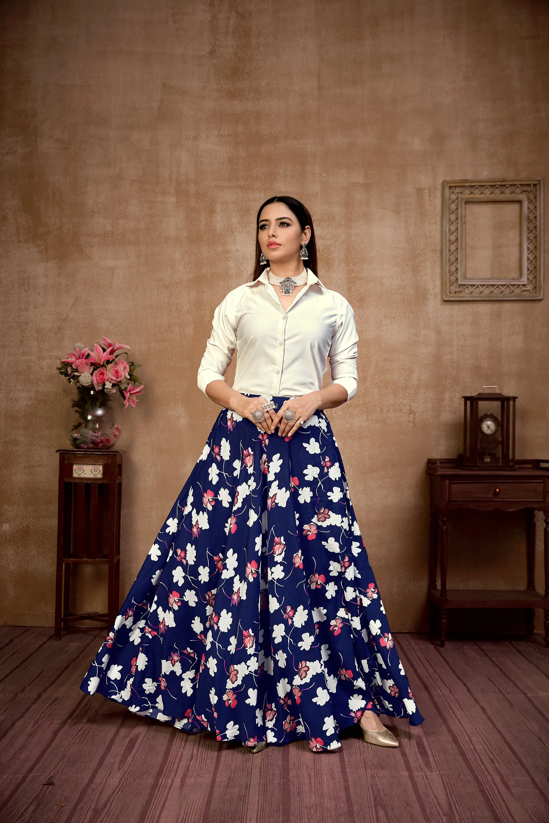Dashing Navy Blue and White Color Silk Lehenga Choli