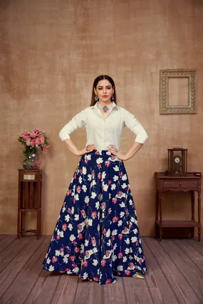 Dashing Navy Blue and White Color Silk Lehenga Choli