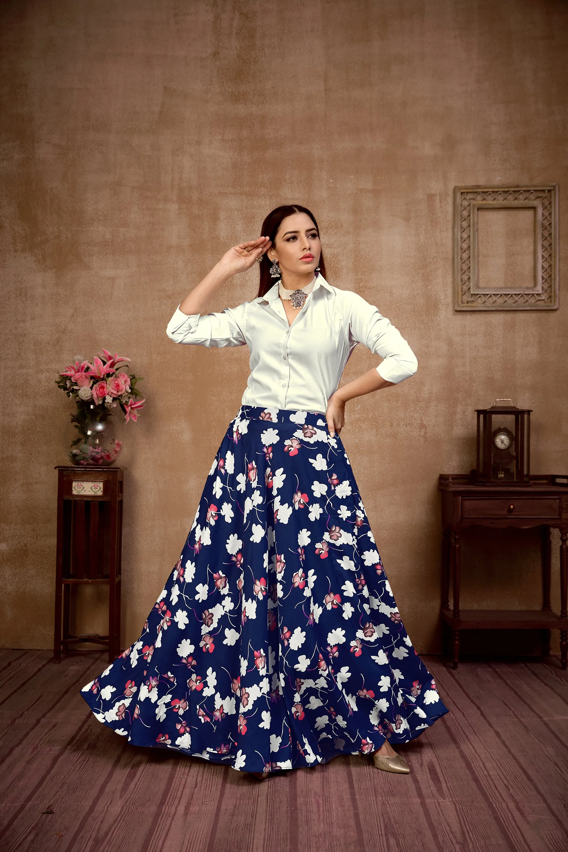 Dashing Navy Blue and White Color Silk Lehenga Choli