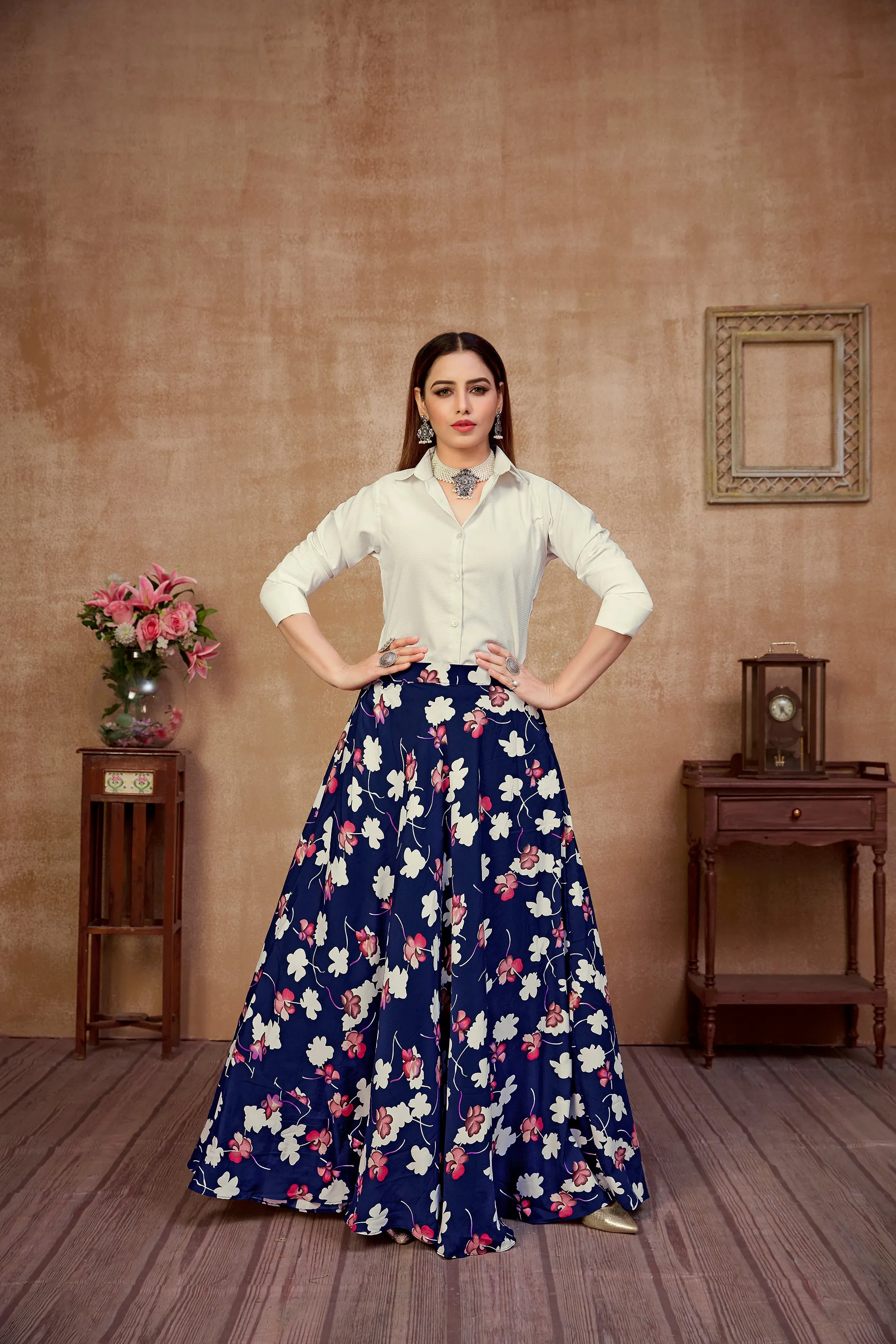 Dashing Navy Blue and White Color Silk Lehenga Choli
