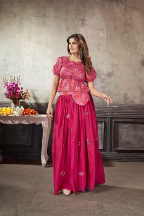 Deep Pink Art Silk Thread With Sequins Embroidered Crop-Top Skirt