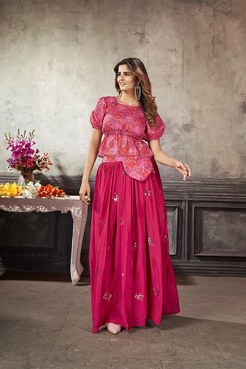 Deep Pink Art Silk Thread With Sequins Embroidered Crop-Top Skirt