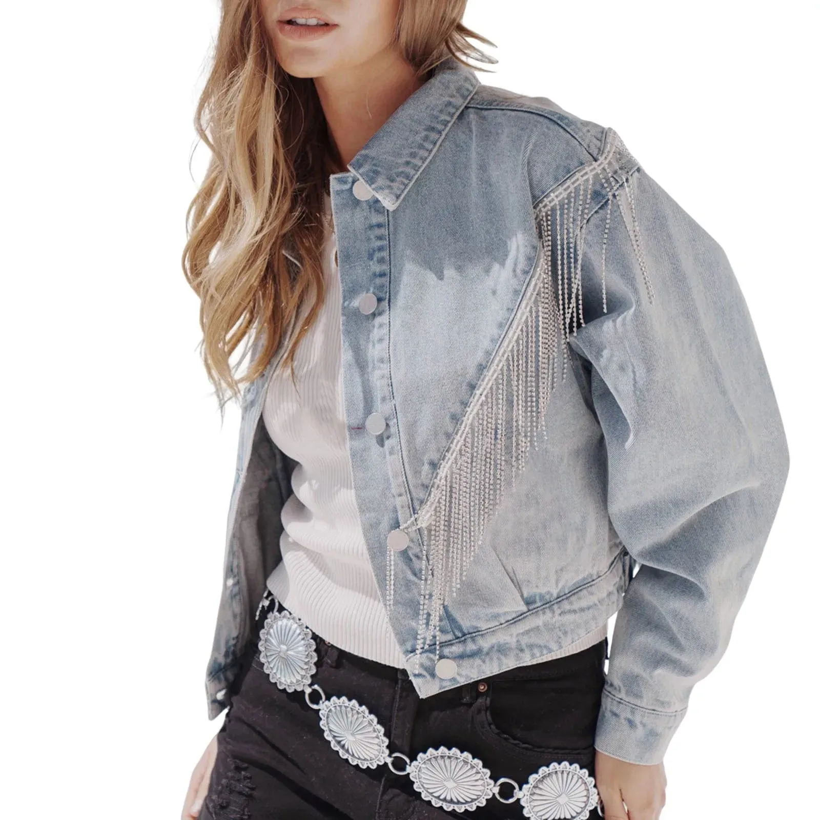 Denim Turndown Collar Rhinestone Tassel Long Sleeve Button Woman Clothing Jacket