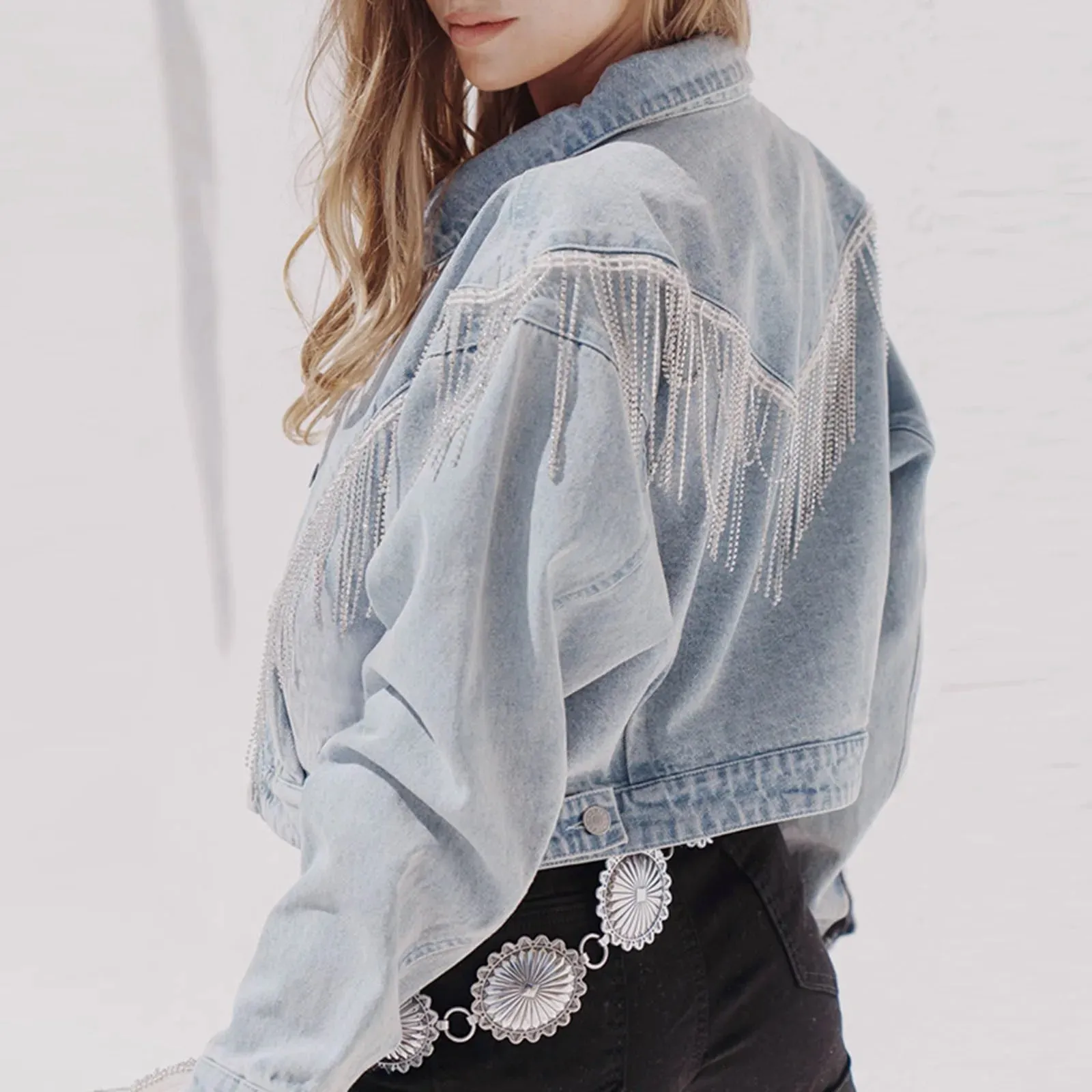 Denim Turndown Collar Rhinestone Tassel Long Sleeve Button Woman Clothing Jacket