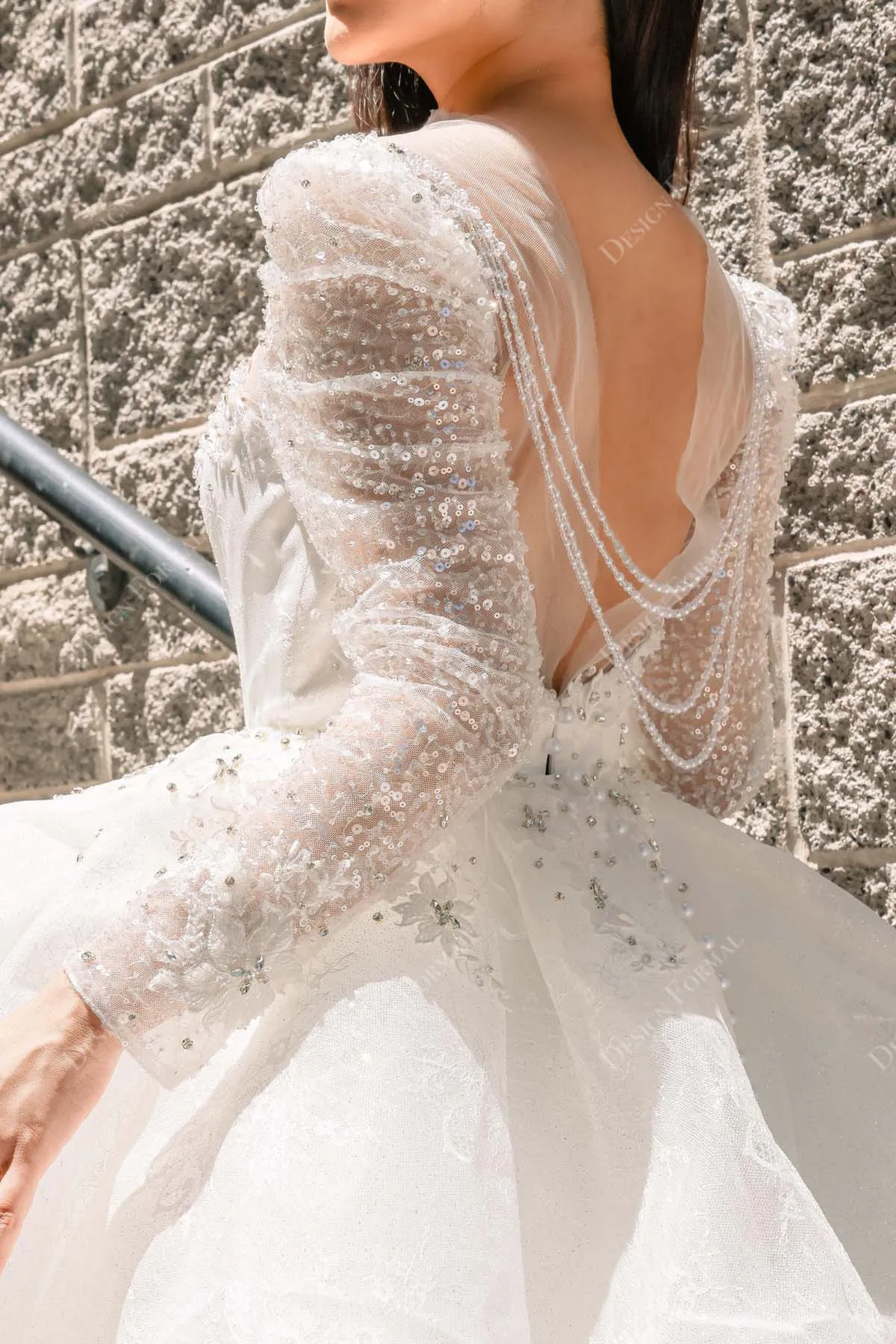 Designer Sparkly Sleeves Structured Lace Ball Gown Wedding Dress