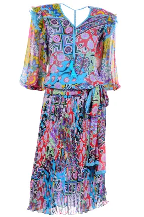 Diane Freis Vintage 1980s Colorful Mixed Pattern Dress W Ruffled Sleeves