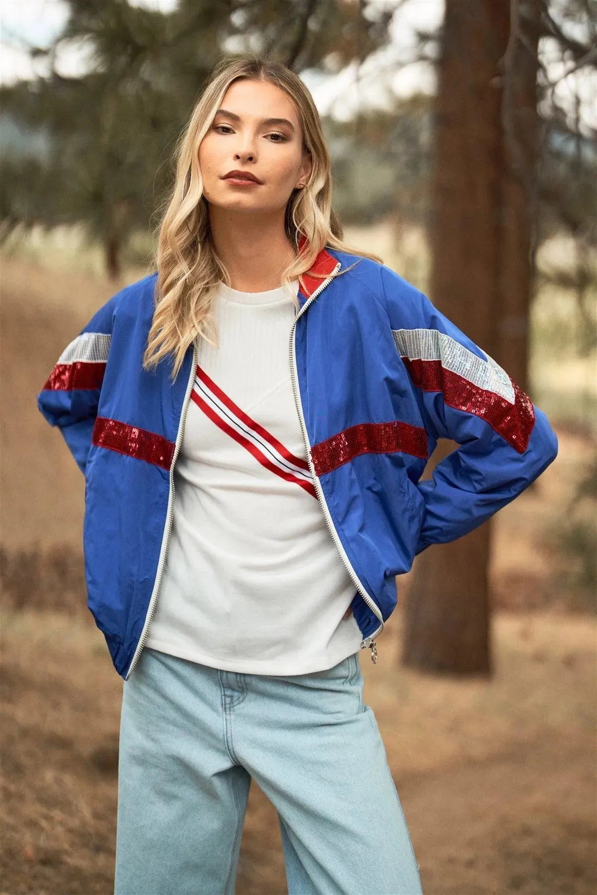 Disco Calling! Red & Blue Retro Printed Lettering Back Detail Sequin Stripe Trim Long Sleeve Zip-Up Windbreaker Jacket /3-2-1