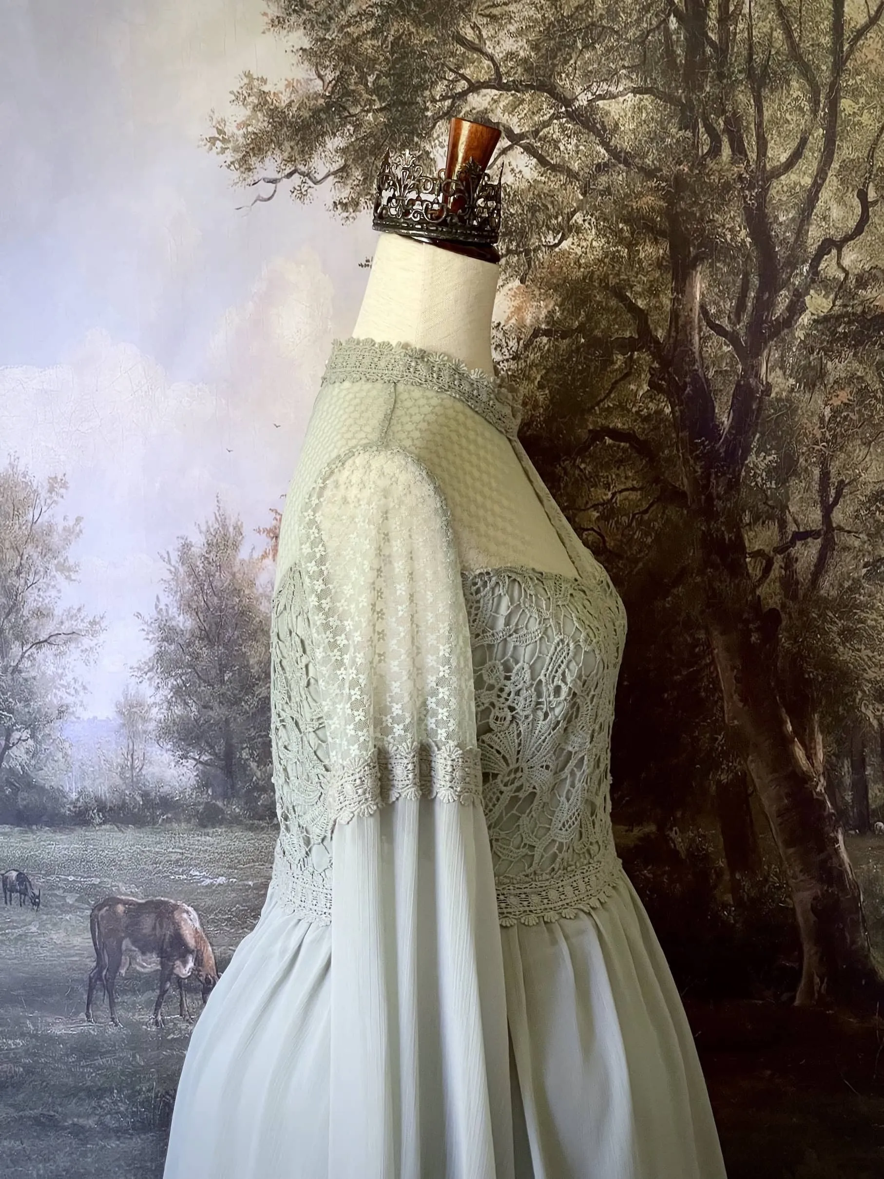 Edwardian Inspired Lace Inset Mini Dress with Bishop Sleeves - Size M-L