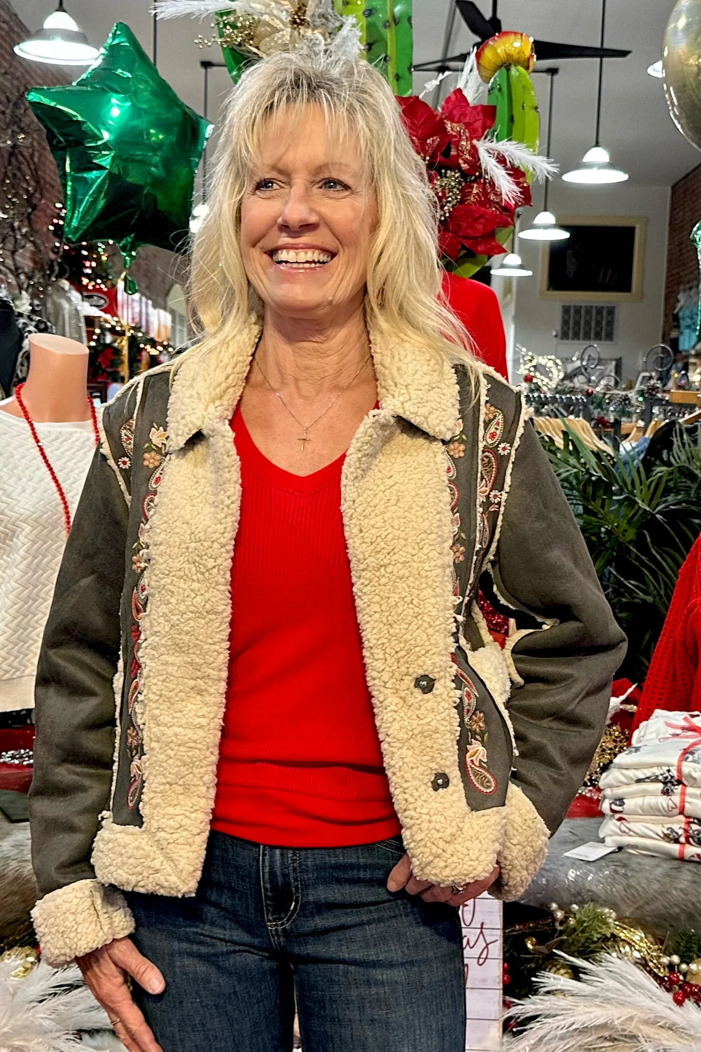 Embroidered Crop Sherpa Jacket