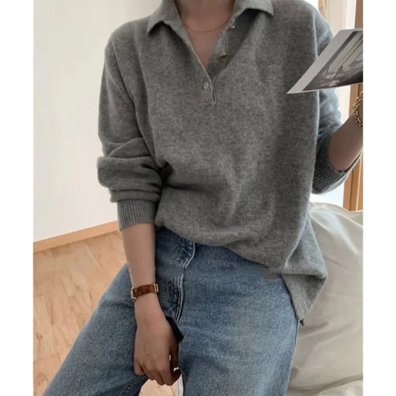 Fashionkova  Fashion POLO Half-Neck Cashmere Knitwear Women Autumn Winter New Loose Versatile Korean Version Cardigan Base Sweater