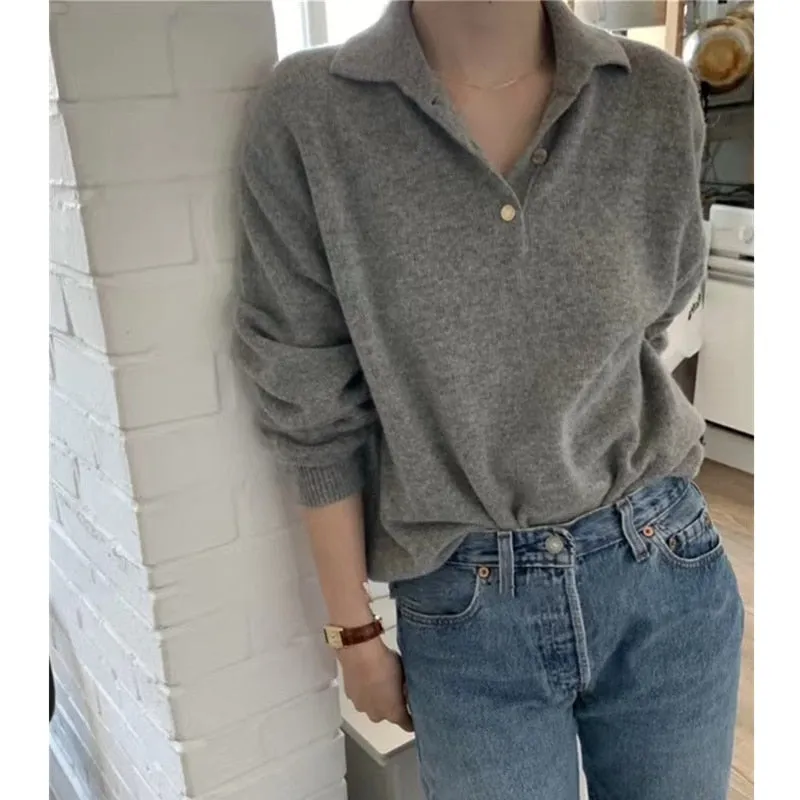 Fashionkova  Fashion POLO Half-Neck Cashmere Knitwear Women Autumn Winter New Loose Versatile Korean Version Cardigan Base Sweater