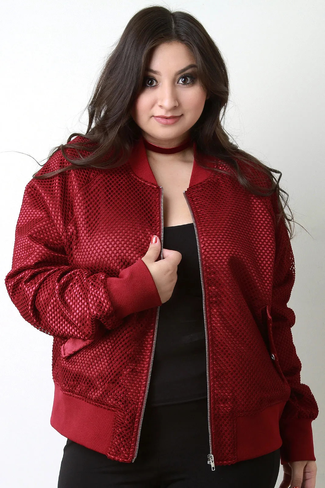 Fishnet Mesh Pocketed Zip-Up Bomber Jacket