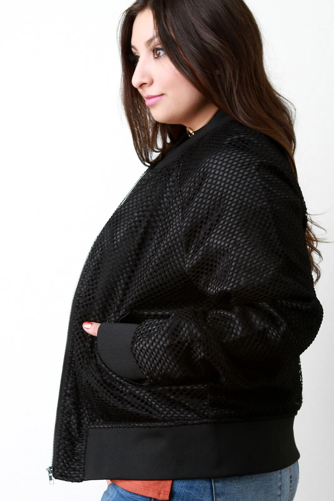 Fishnet Mesh Pocketed Zip-Up Bomber Jacket