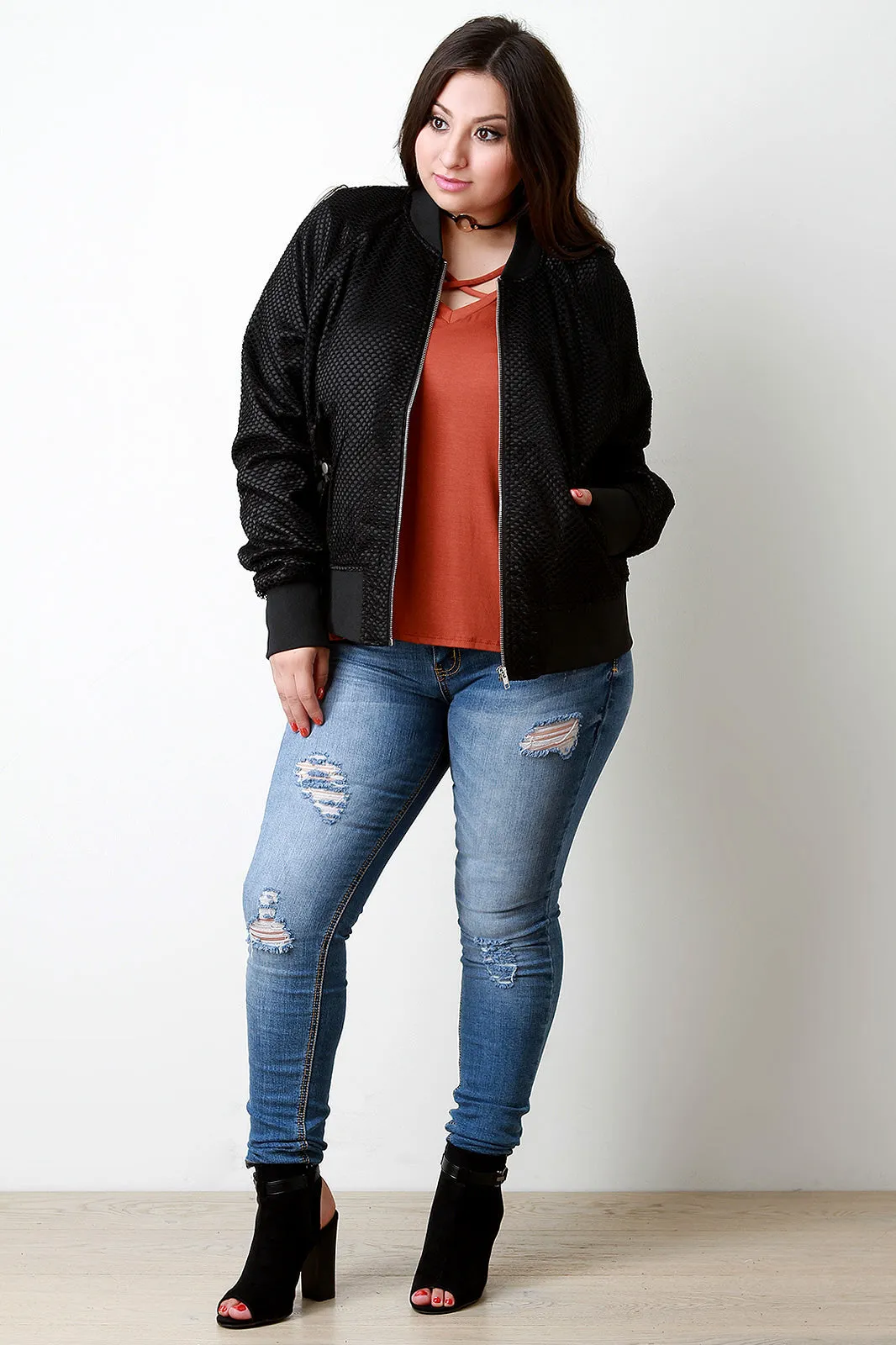 Fishnet Mesh Pocketed Zip-Up Bomber Jacket
