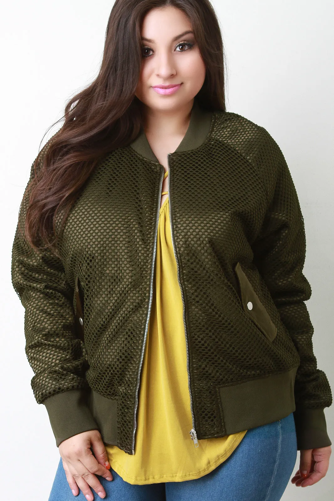 Fishnet Mesh Pocketed Zip-Up Bomber Jacket